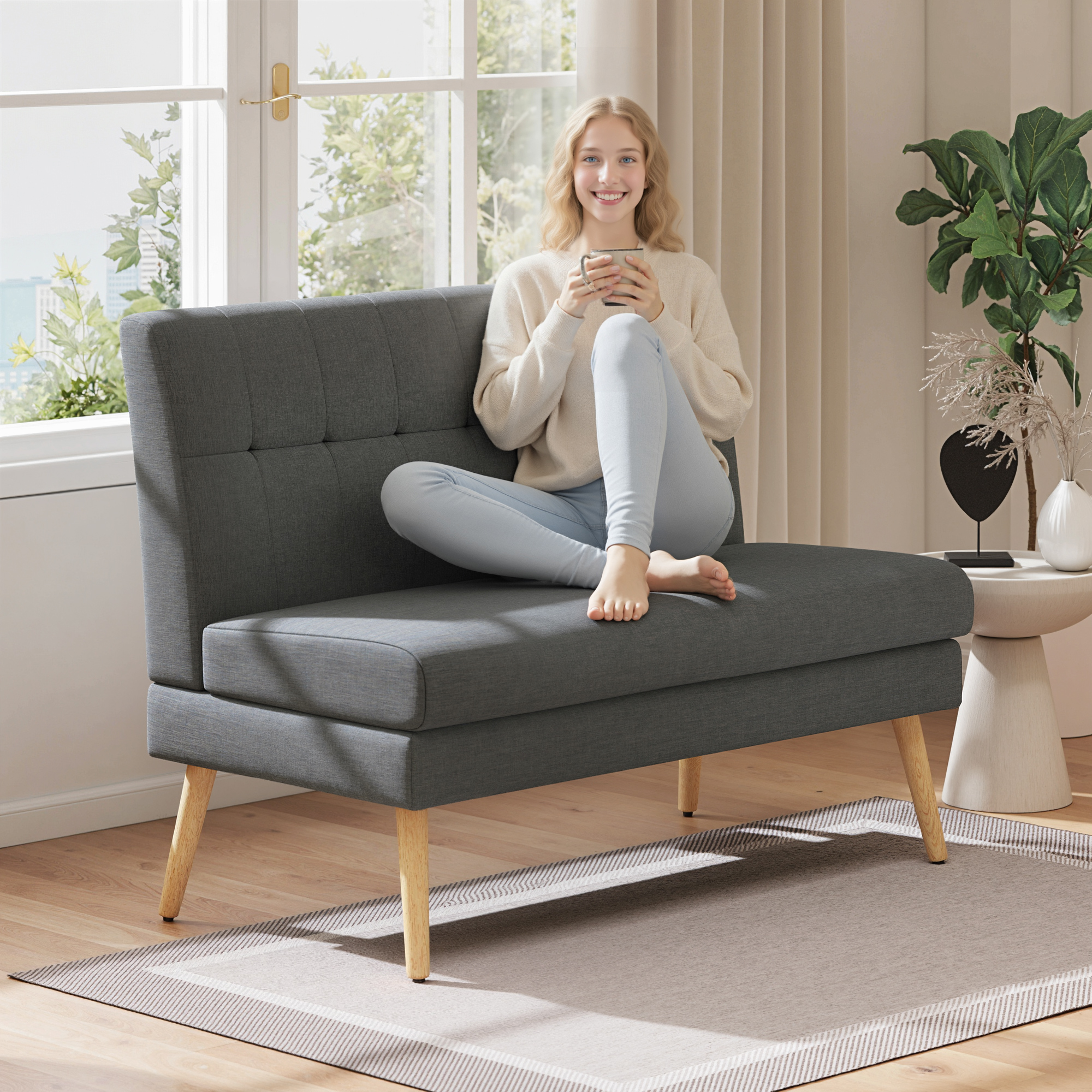 2-Sitzer-Sofa, getuftete Rückenlehne, Holzbeine, dicke Polsterung, Leinenoptik, für kleine Räume, Grau