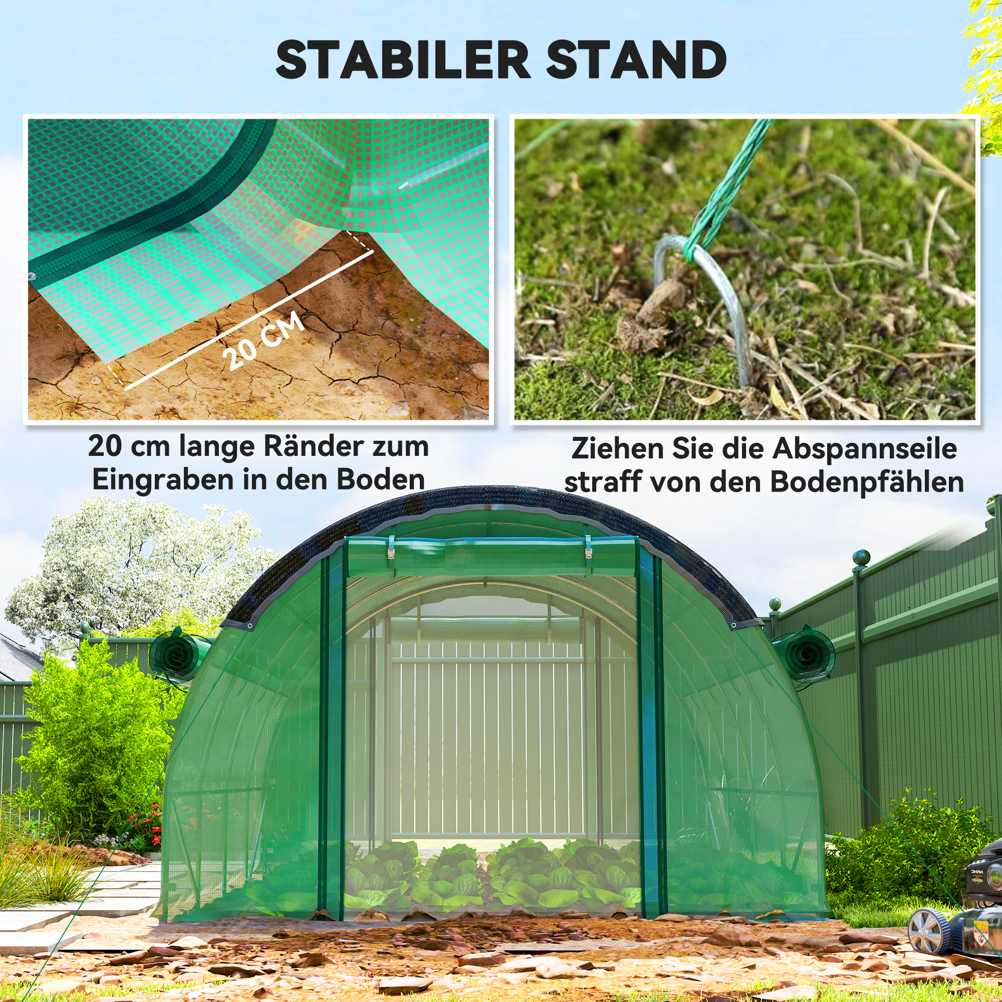 4 x 3 x 2 m Polytunnel-Gewächshaus mit Sonnenschutznetz, rollbaren Seitenwänden, Kunststoff-Abdeckung, Stahlrahmen, Grün