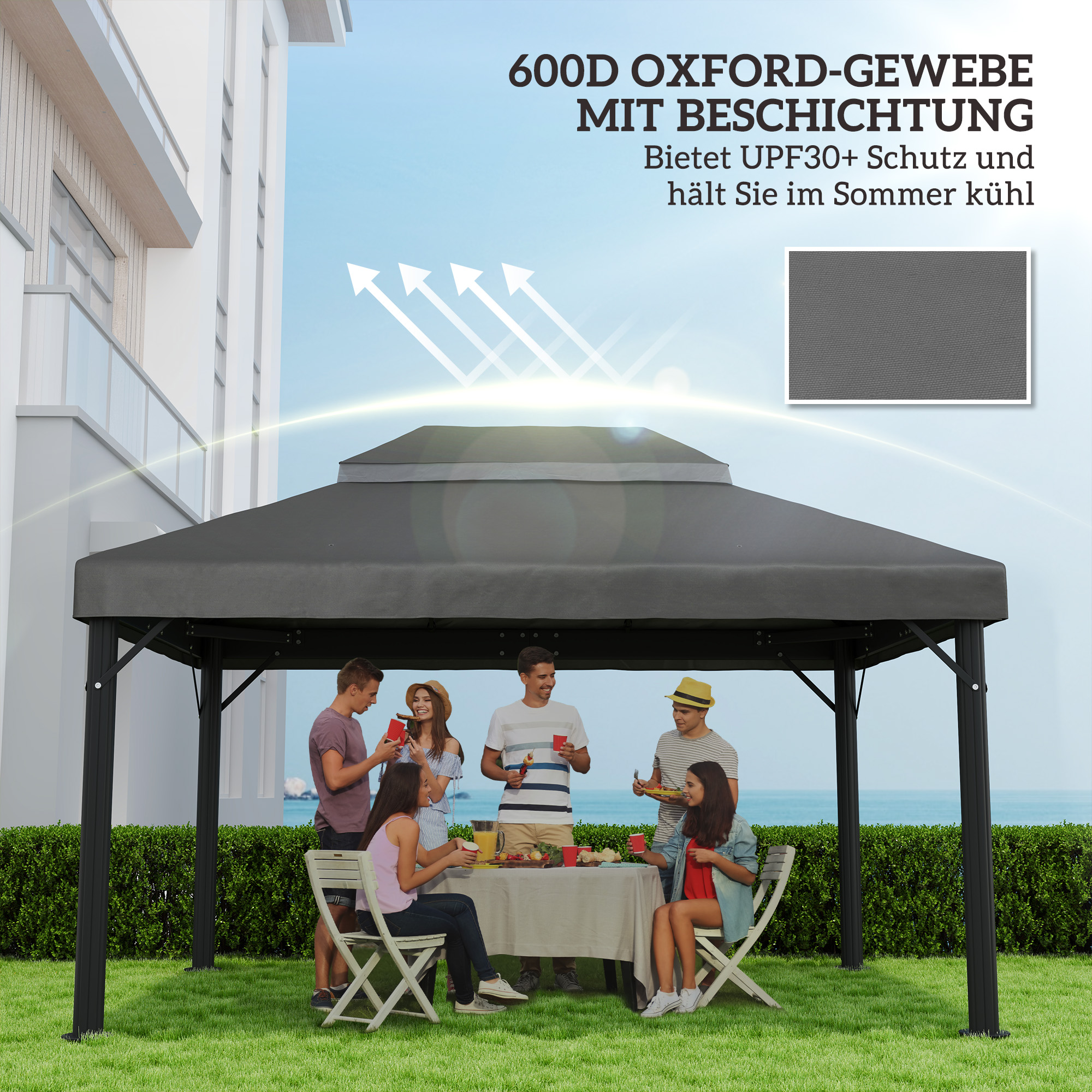 Pavillon-Ersatzdach, 3 x 4 m, Ersatzplane mit Wasserablauf-Öffnungen, Polyester, Sonnenschutz, UPF30+, Dunkelgrau