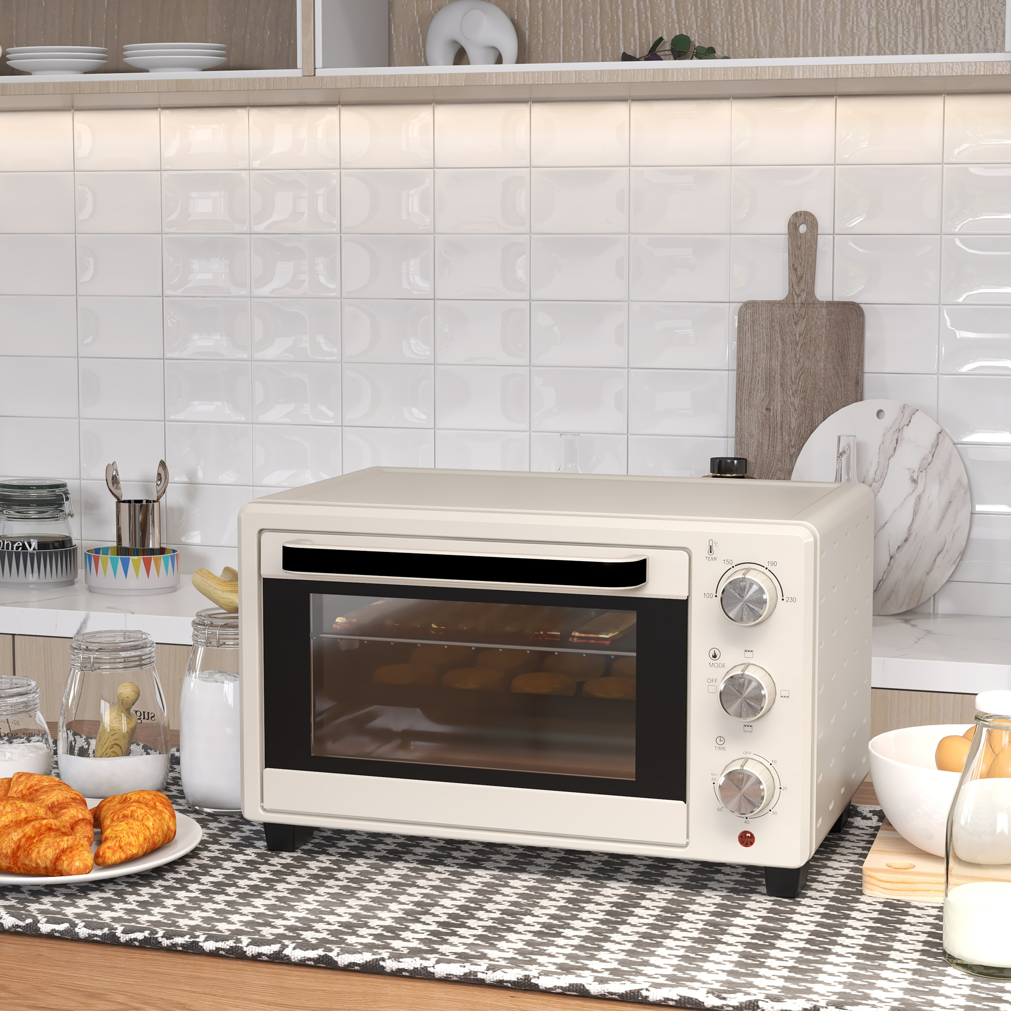 Minibackofen, Backofen kleine 21 L Toasterofen mit 1 Drahtgestell und 1 Backblech, 3 Kochmodi, 100 °C-230 °C, Edelstahl, Glas, Cremeweiß
