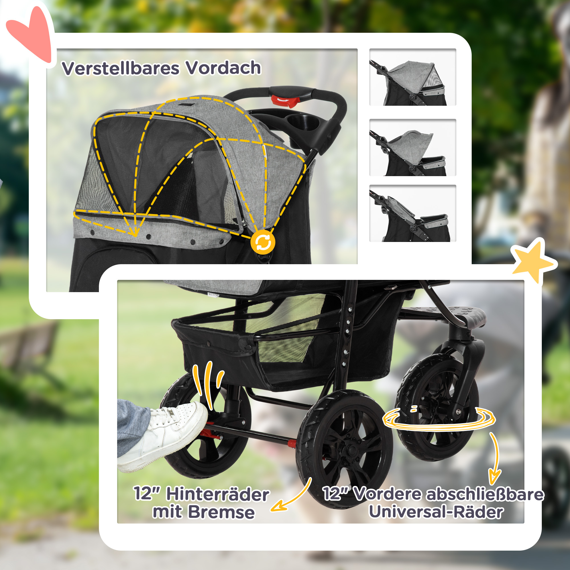 Hundewagen Hundebuggy Katzenbuggy Pet Stroller mit 3 Rädern klappbar Hunde Katze Oxford Grau+Schwarz 109,5 x 57,5 x 106,5 cm