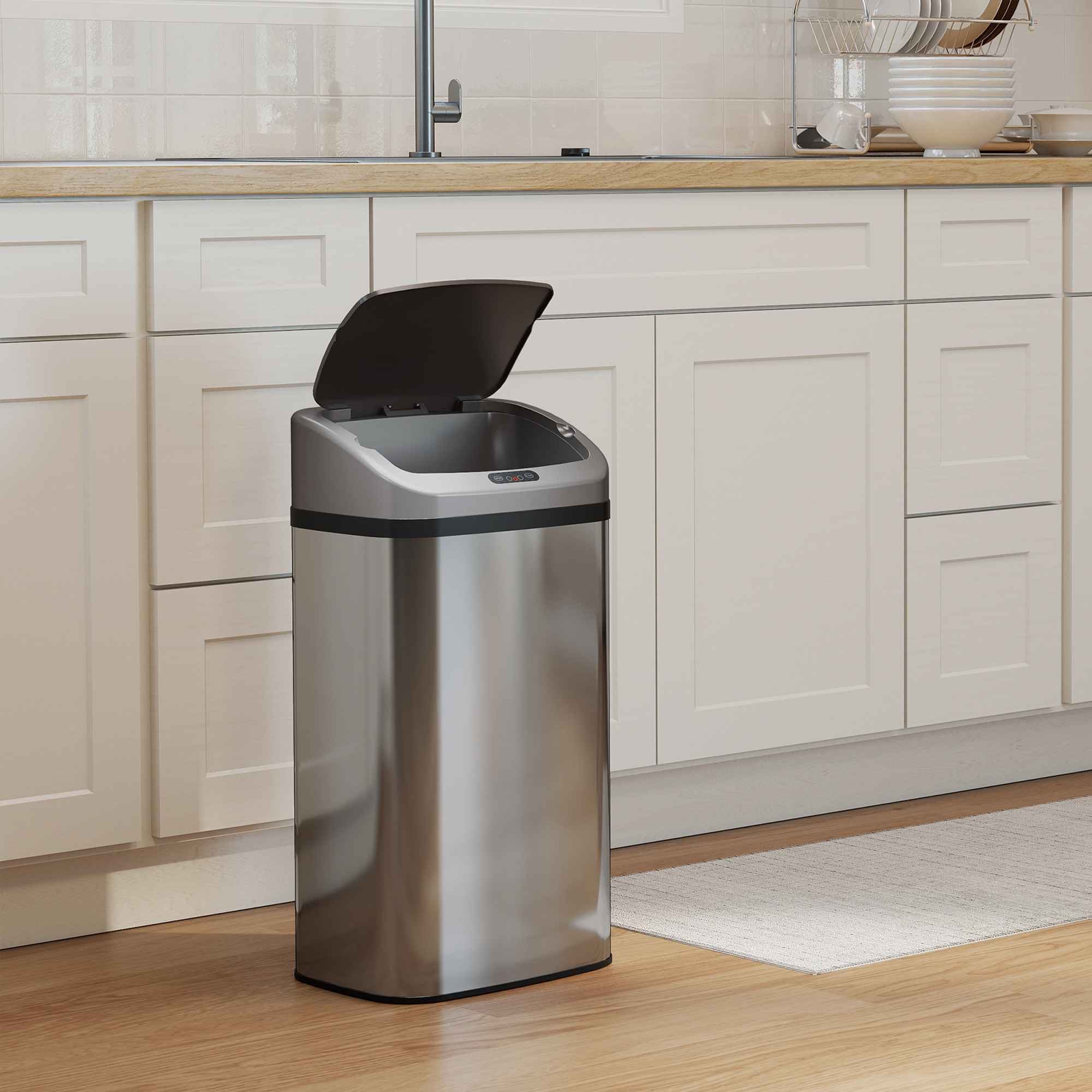 48 L Sensor-Mülleimer für Küche oder Büro, automatische Schließ-Funktion, Edelstahl, Silberton