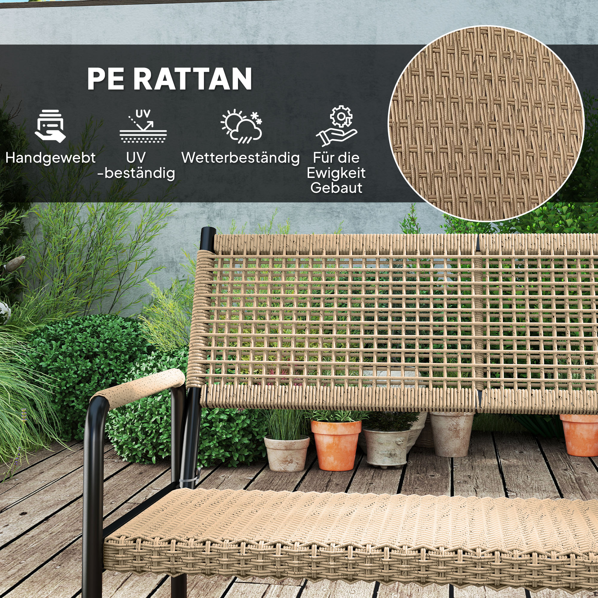 Gartenmöbel Set aus Polyrattan Lounge-Set mit 2er Sofa Sessel Glastisch Kissen für 4 Personen Dunkelgrau+Gelb