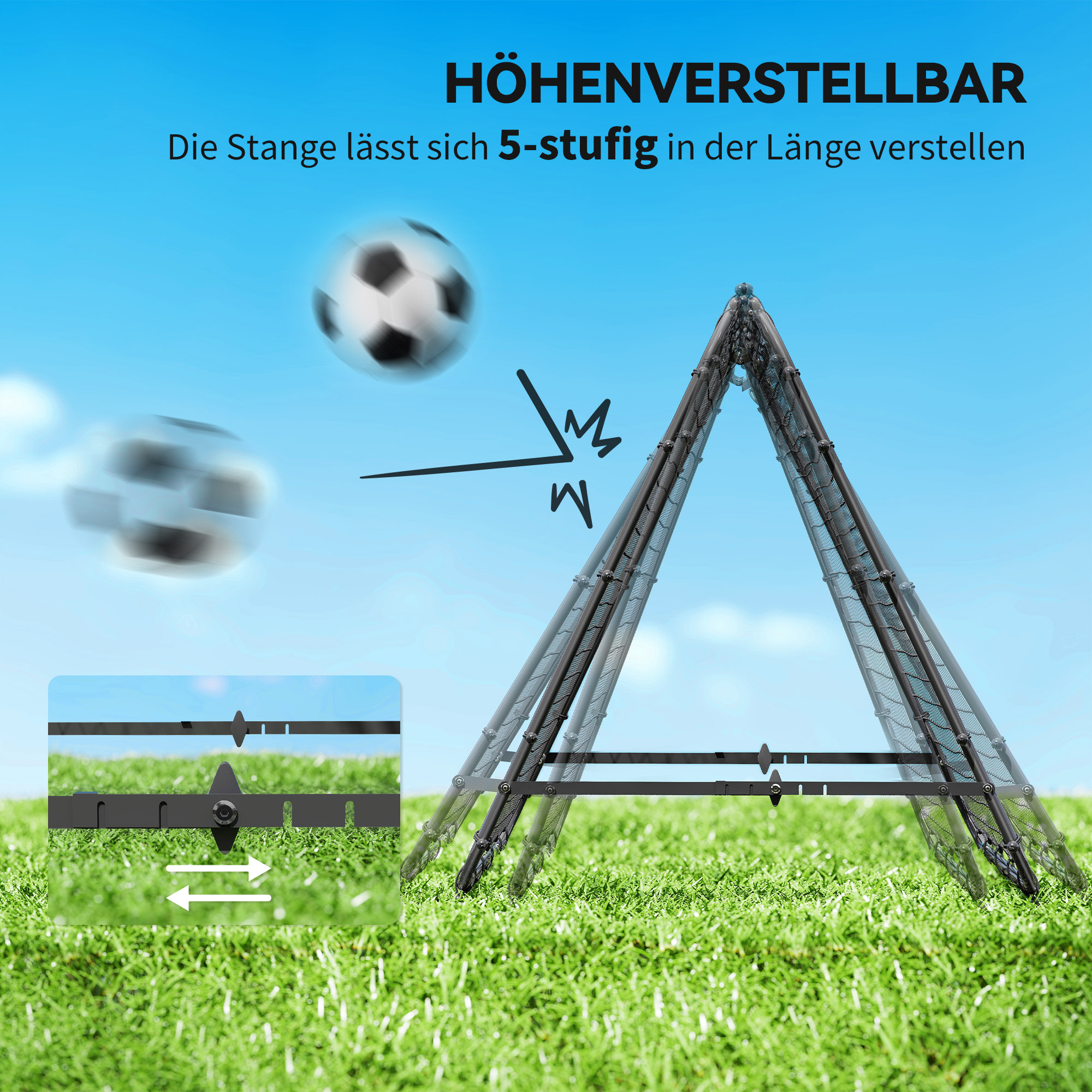 Fußballtor, verstellbar, klappbar, Metallrahmen, 100 x 68-95 cm, Schwarz