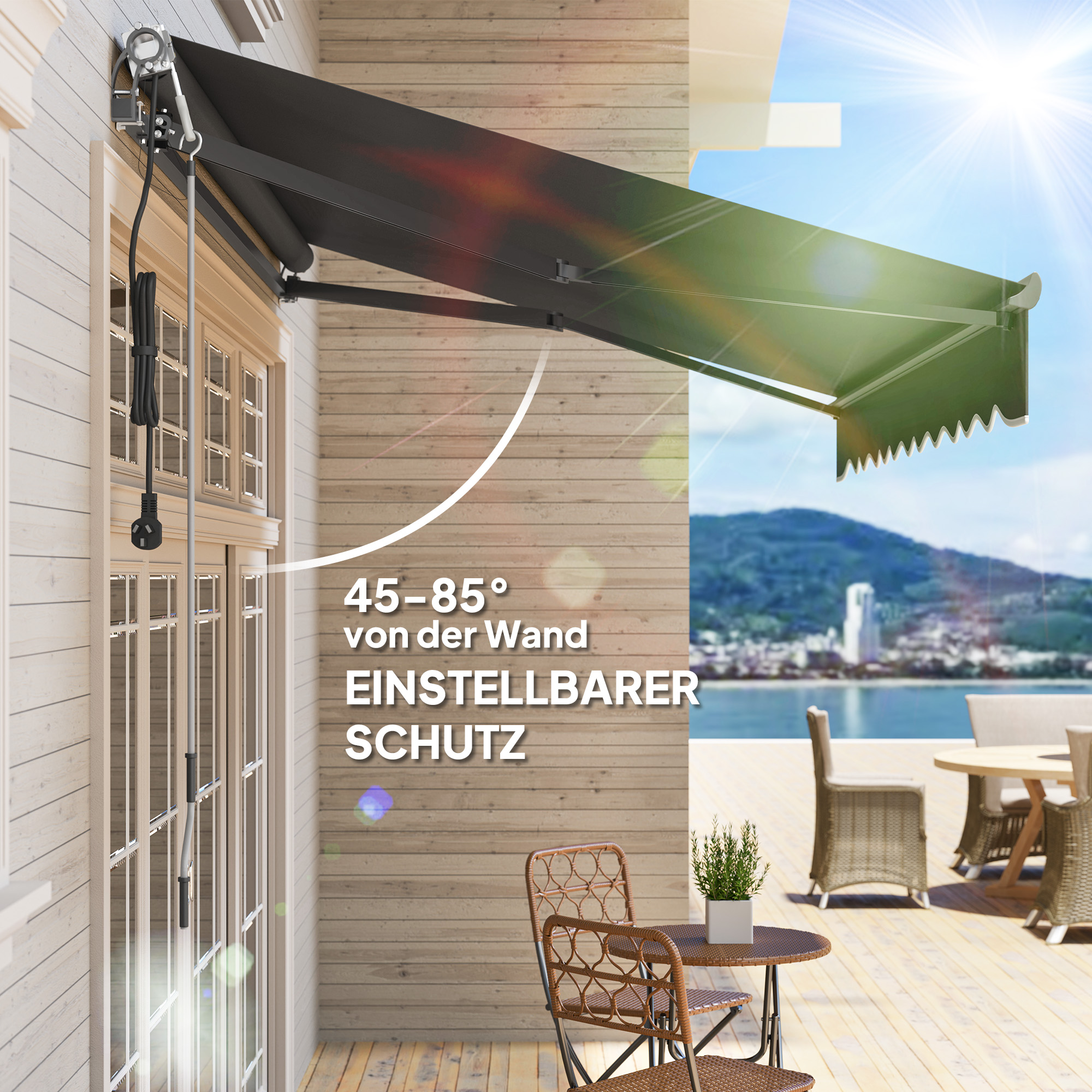 Klemmmarkise mit Handkurbel elektrisch höhenverstellbar Gelenkarmmarkise 300 cm breit Dunkelgrau