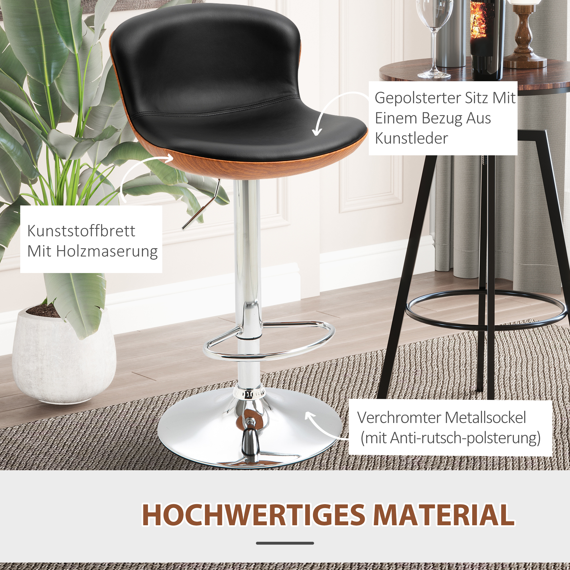 2er-Set Barhocker mit Fußstütze, Barstuhl mit Rückenlehne, Bistrohocker, Esszimmerstuhl höhenverstellbar drehbar, Kunstleder, Schwarz, 46 x 53,5 x 85-106 cm
