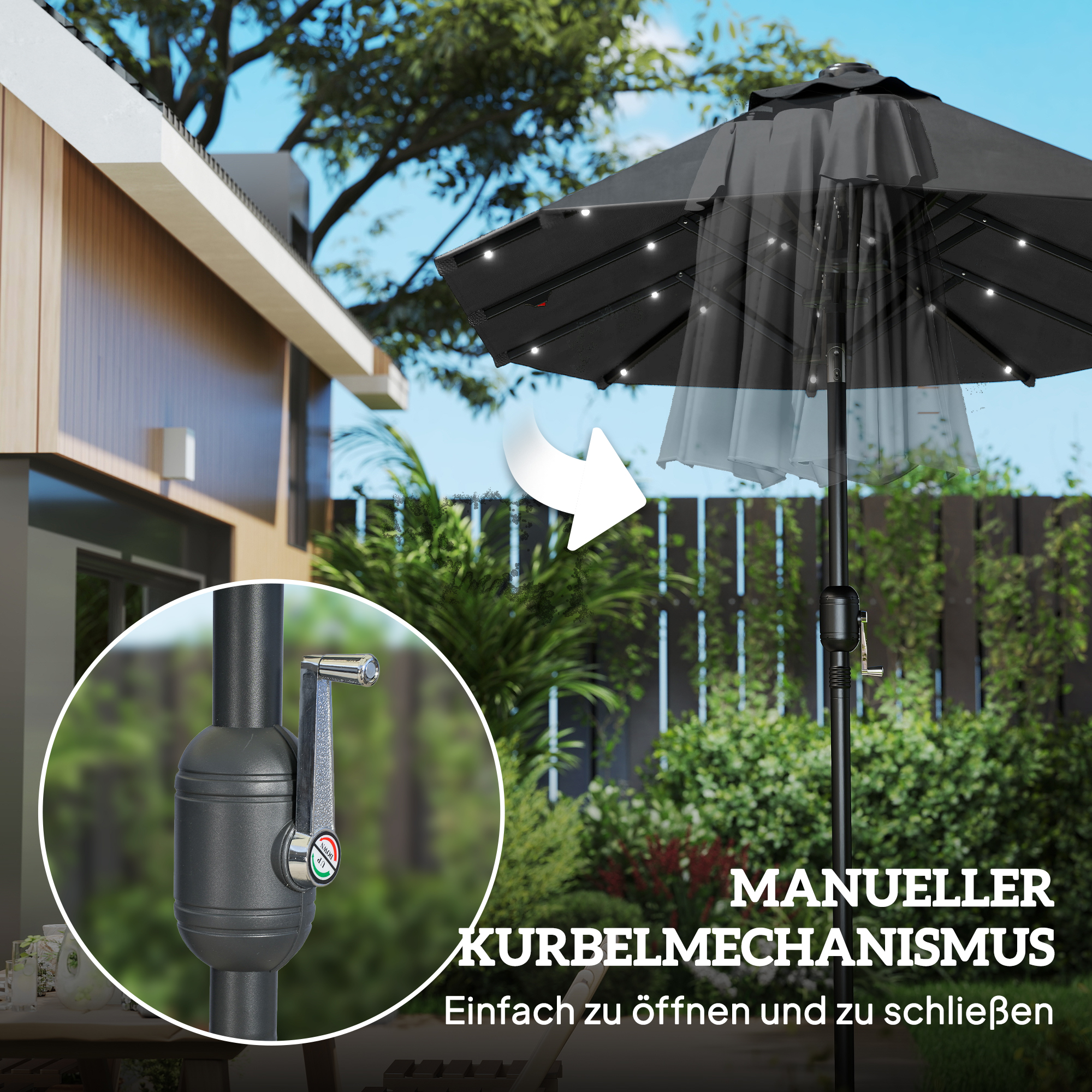 Doppelschirm, Terrassenschirm, neigbar, mit Solarpaneel, 35 LEDs, Stahlrahmen, grau, 2,92 x 1,50 x 2,18 m