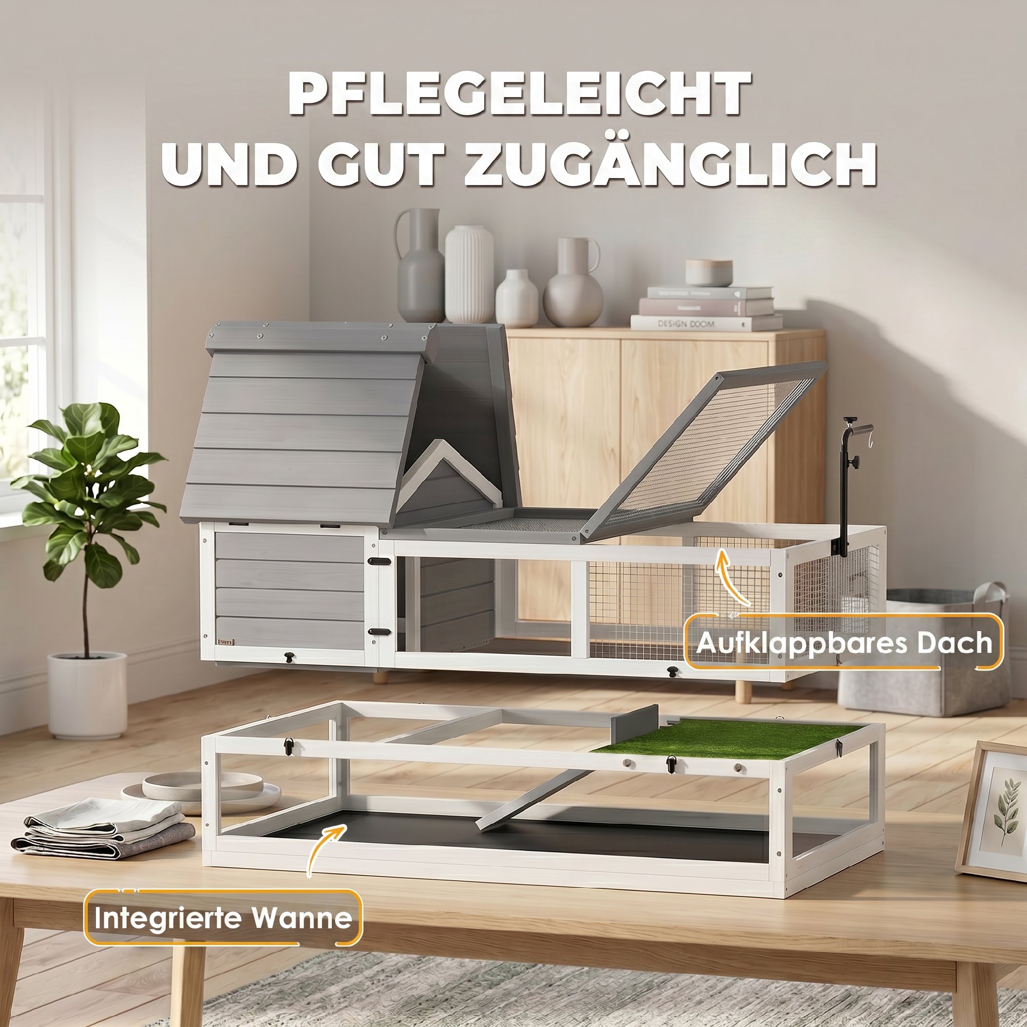 Schildkrötenhaus aus Holz, Schildkrötengehege mit 2 Haupthäusern, aufklappbarer Oberseite, Lampenhalter, grau
