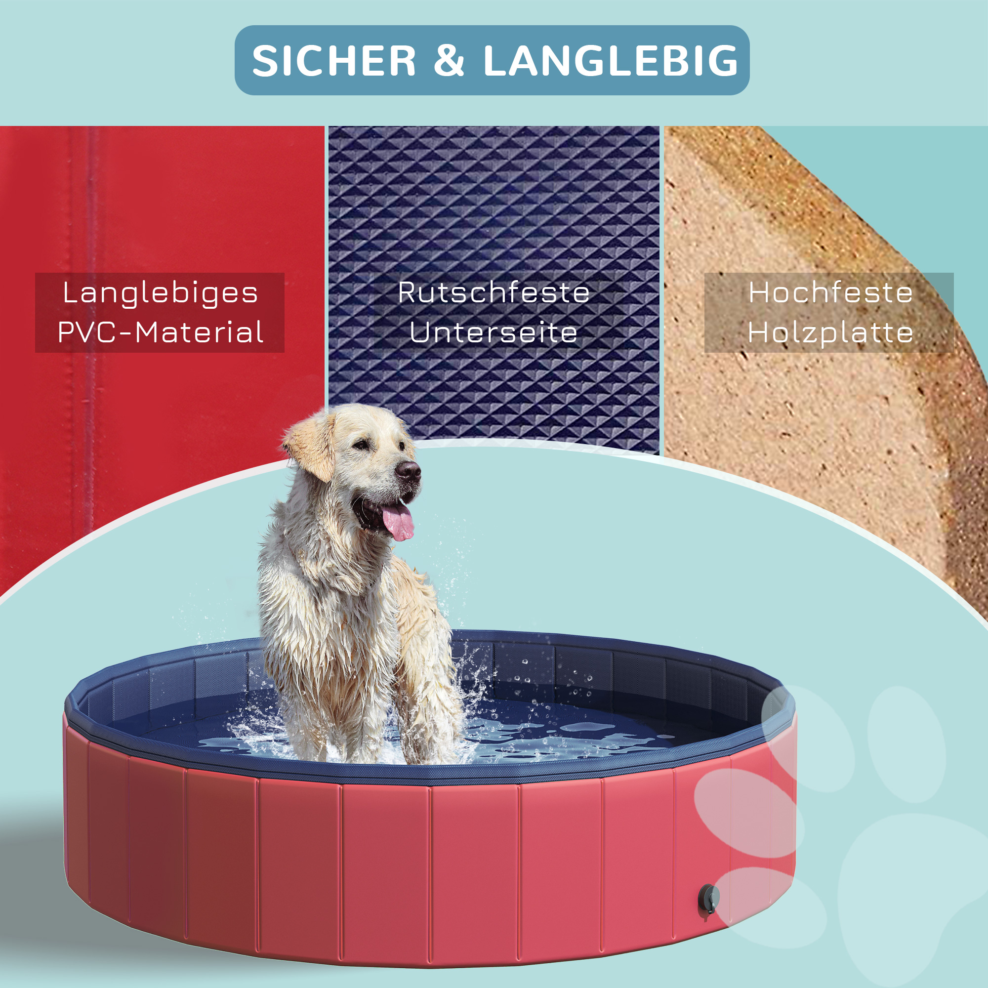 Hundebadewanne faltbar Badewanne Hundepool Plantschbecken Swimmingpool Wasserbecken für Hunde und Katzen Schwimmbecken Kunststoff+Holz Rot Ø140 x H30 cm