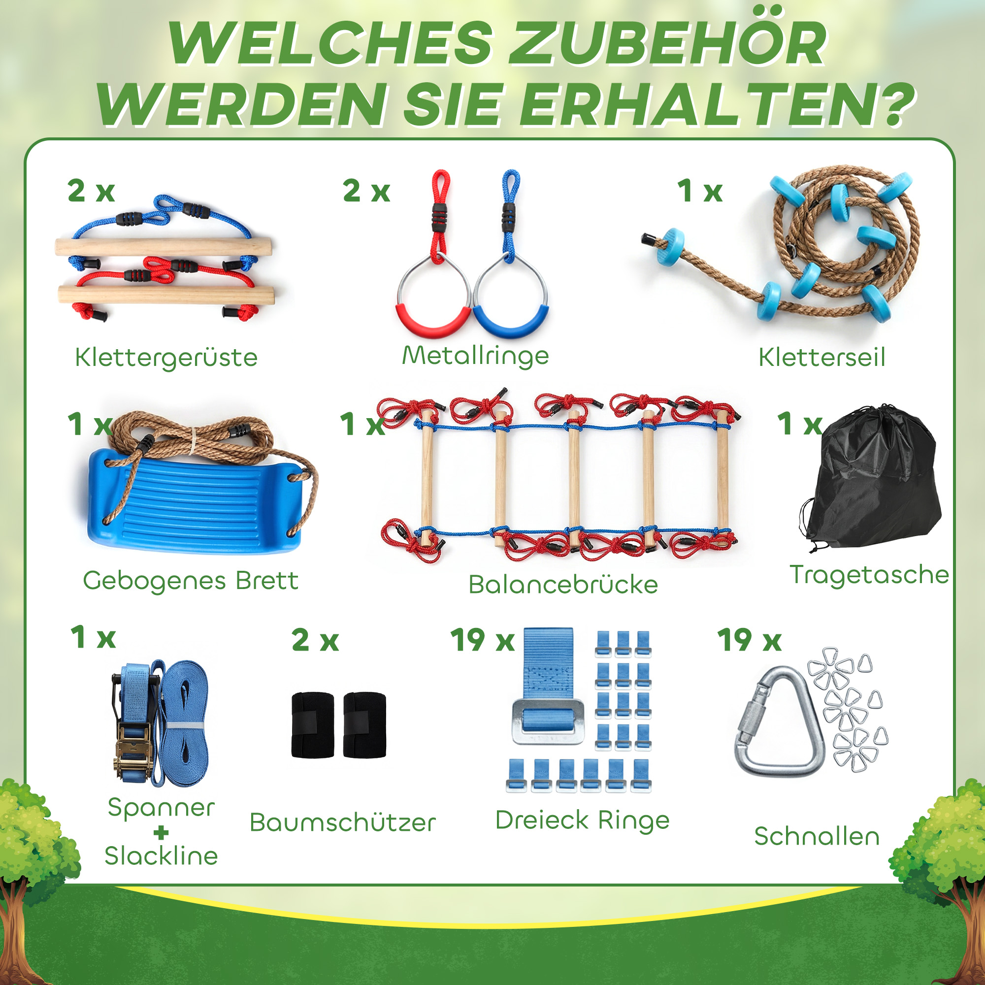 Ninja Line Kinder 24 m Slackline Set mit Turnringe 7 Hindernissen Kletterstange Balancierbrücke für 3-6 Jahre Rot+Blau
