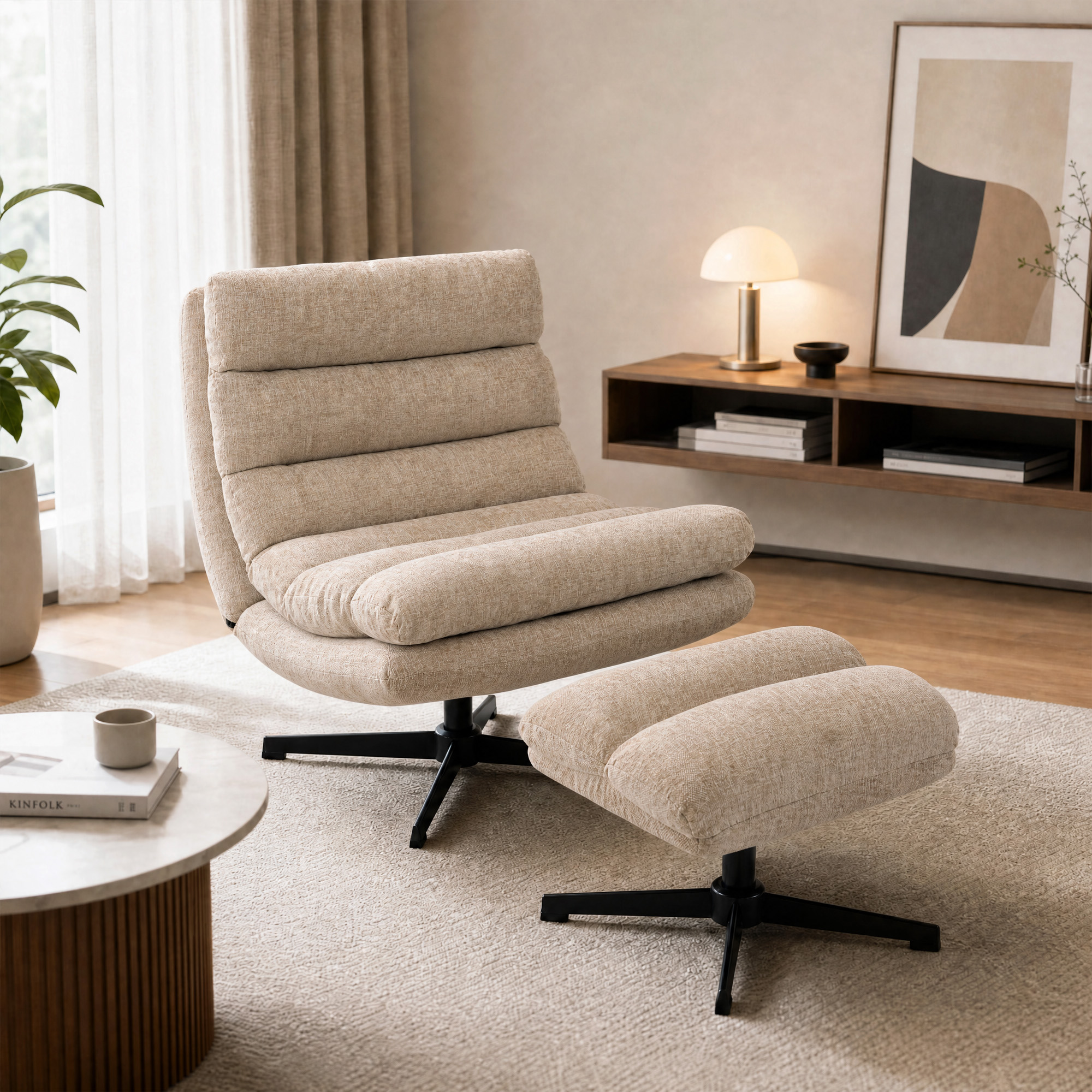 Loungesessel mit Fußhocker, drehbarer Chenille-Sessel mit höhenverstellbarem Fußhocker, dicker Polsterung und breiter Sitzfläche, Braun