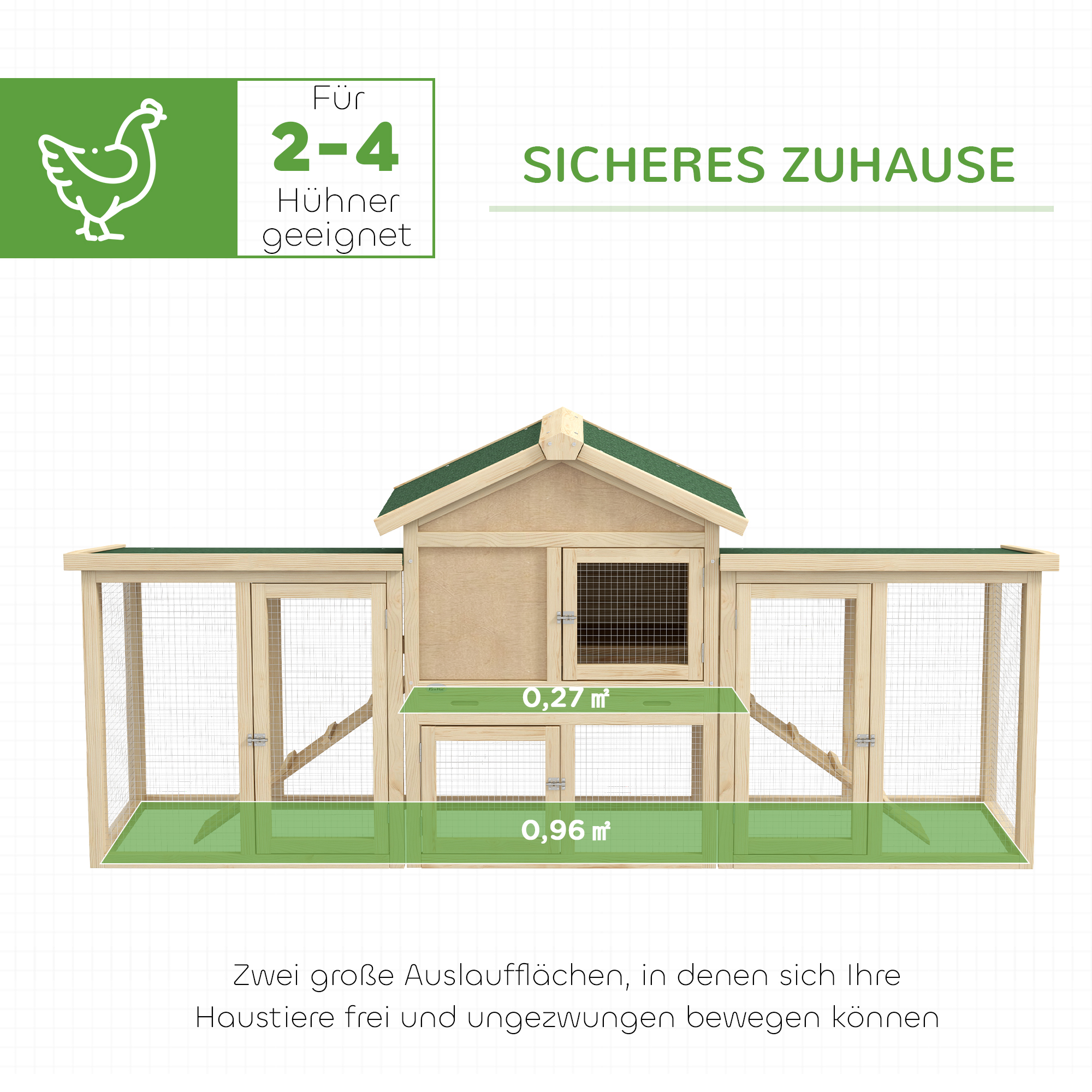 Hühnerstall mit Freigehege, inkl, Nistkasten, Rampe und Bodenwanne Tannenholz Naturholz