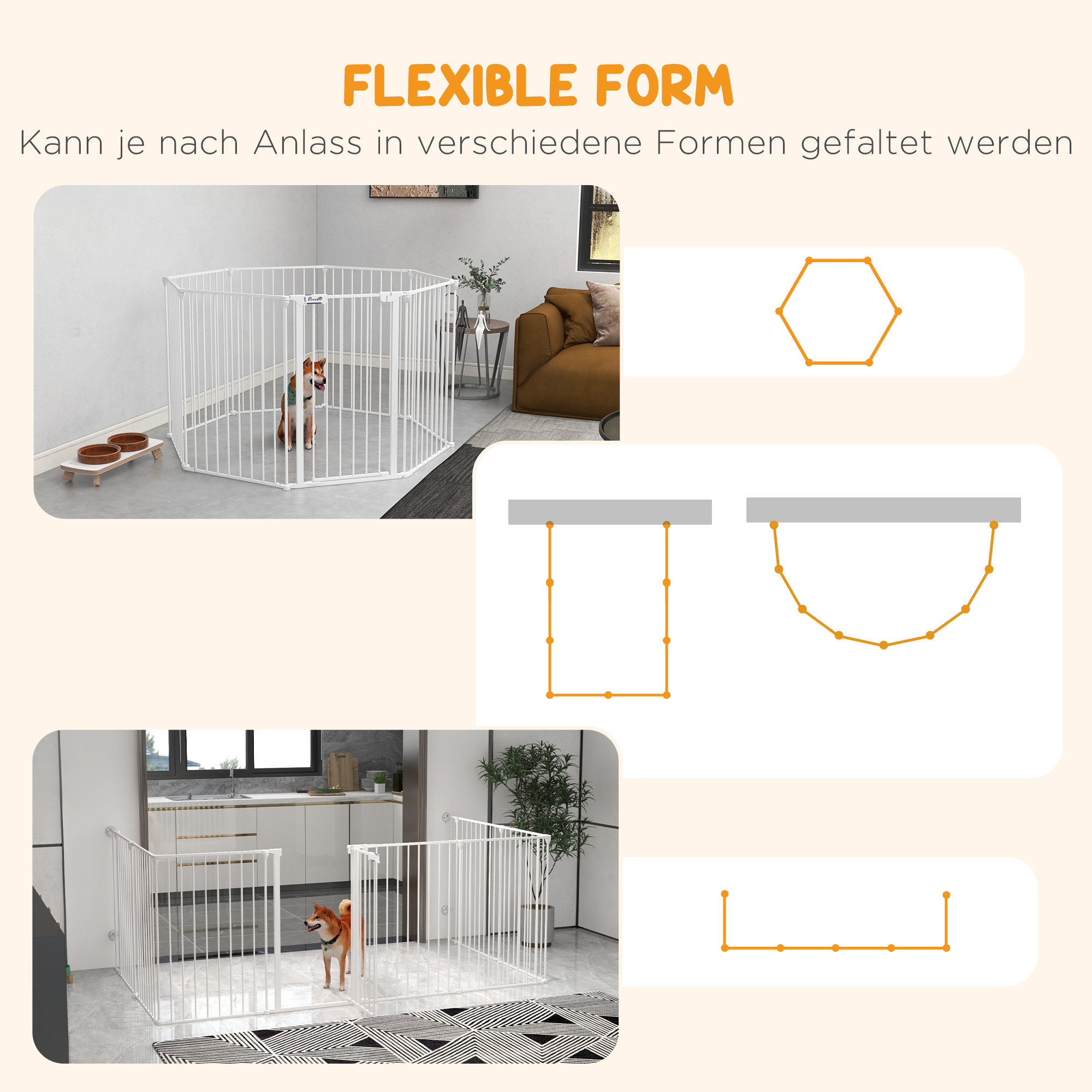 2-in-1 Welpenauslauf und Absperrgitter, 8 Paneele, verriegelbare Tür, Stahl, 90 cm Höhe, weiß