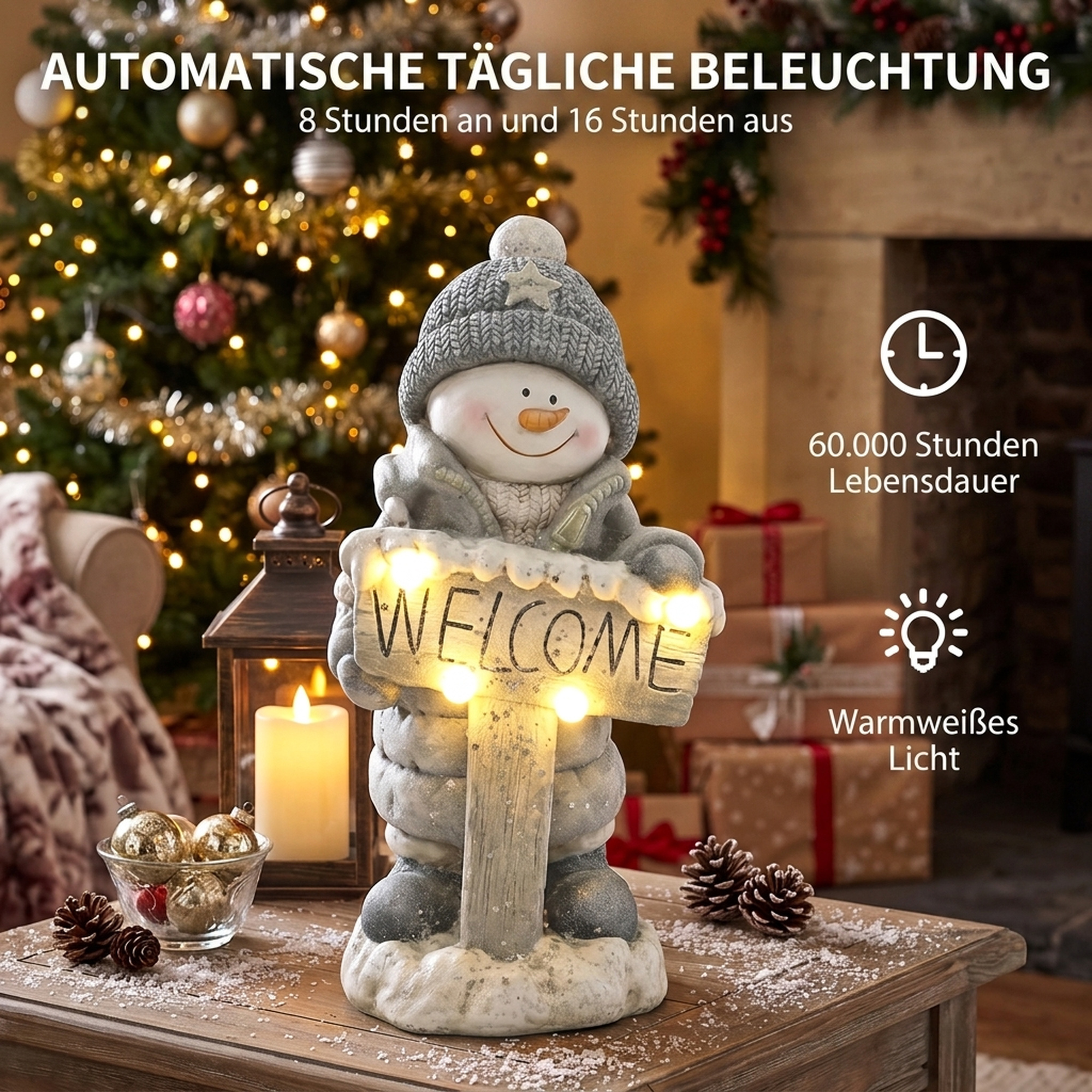 Weihnachtsdeko Schneemann-Figur, beleuchtete Weihnachtsstatue aus MGO mit Welcome-Schild, LEDs und Tages-Timer