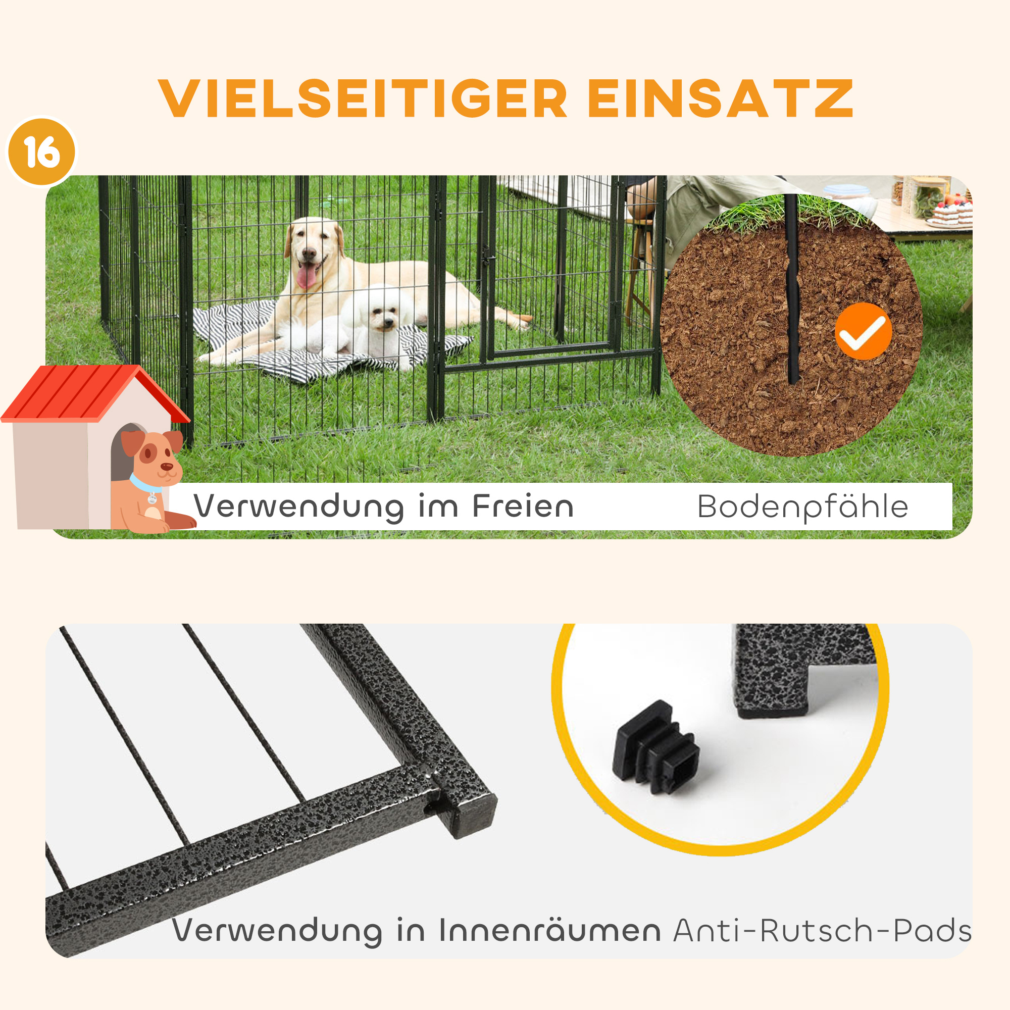 Welpenauslauf Freigehege 16 Segmente 60 cm Hoch Laufstall für Haustier welpengitter Zaun Laufgitter Laufstall Hundegehege Outdoor Gitter Welpen gestaltbar mit 2 Tür Stahl Grau