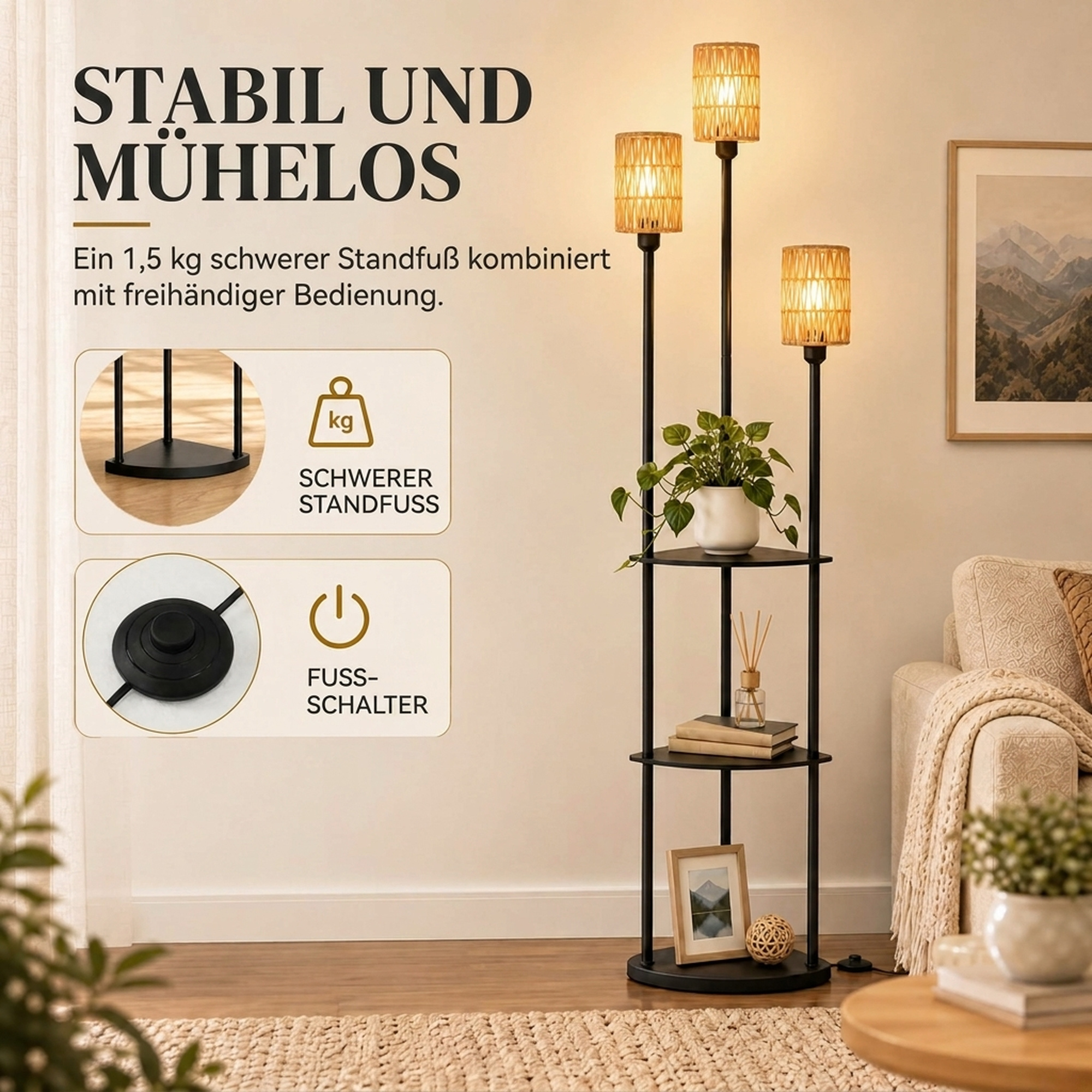 Stehlampe Boho 3-flammig Stehleuchte 3 Ablagen Papierseil-Lampenschirm Schwarz
