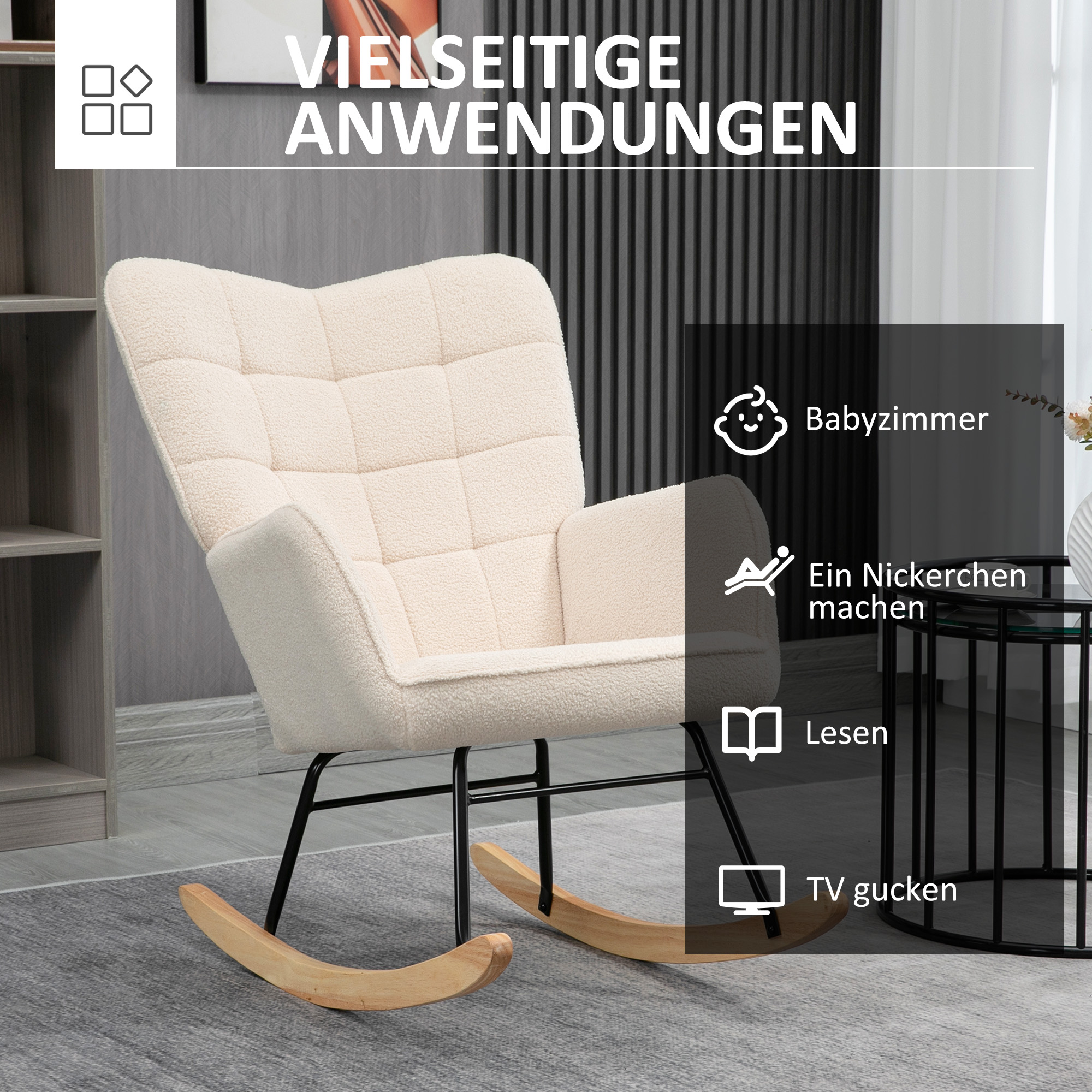 Schaukelstuhl im Retro-Design, Massivholz, Sessel, Relaxsessel, 98 cm x  71 cm x 101 cm, Beige