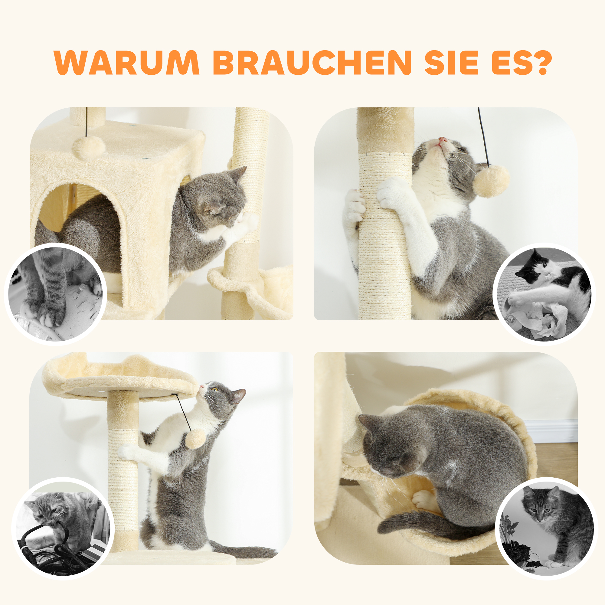 Kratzbaum 160 cm Katzenturm mit Hängematte, Leiter, Höhle, 2 Plüschballen, Sisalstämme, 48 x 48 x 160 cm, Beige