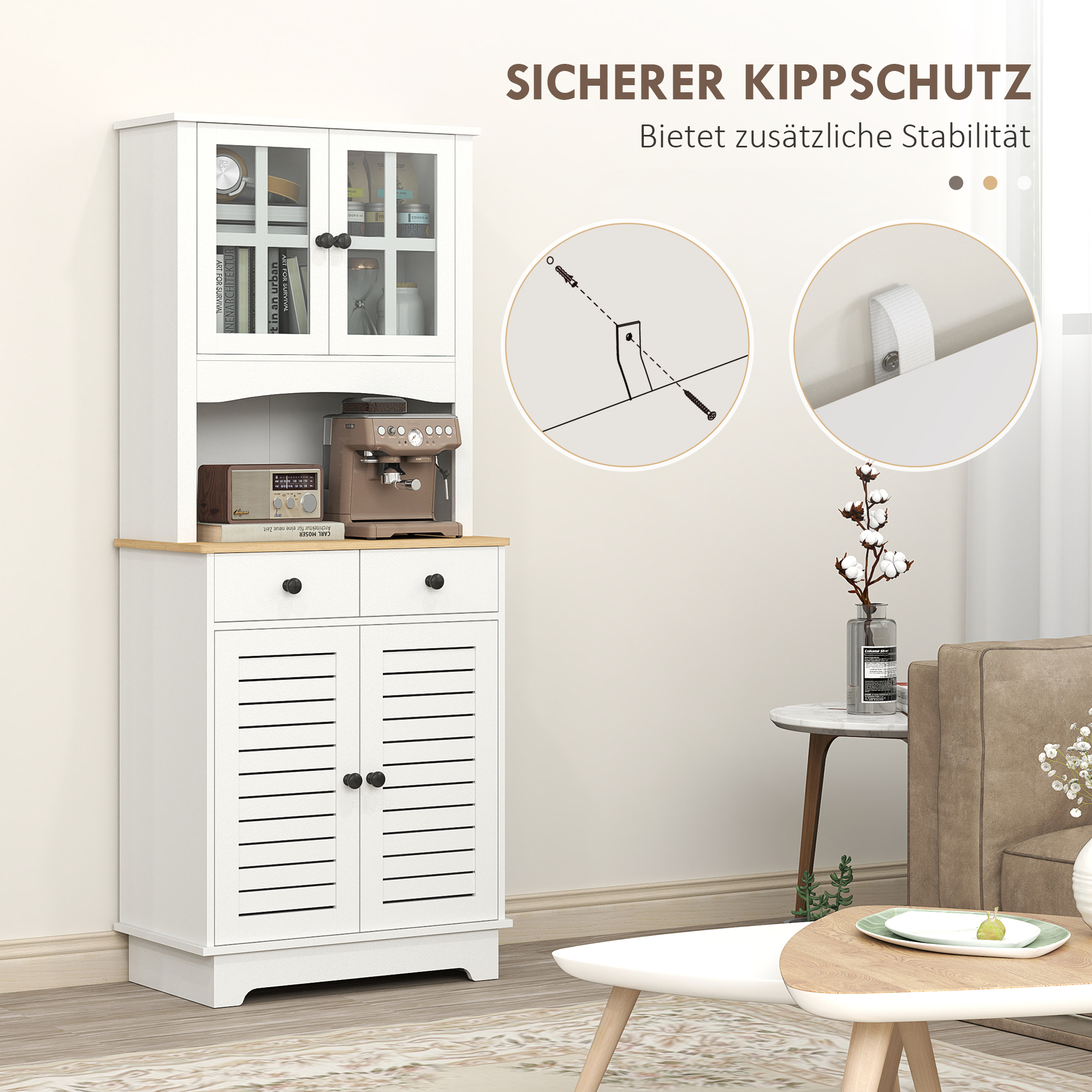 Küchenschrank mit Glastüren, 2 Schubladen, Geschirrschrank, Esszimmerschrank, Holz, 68 x 39,5 x 170 cm, Weiß