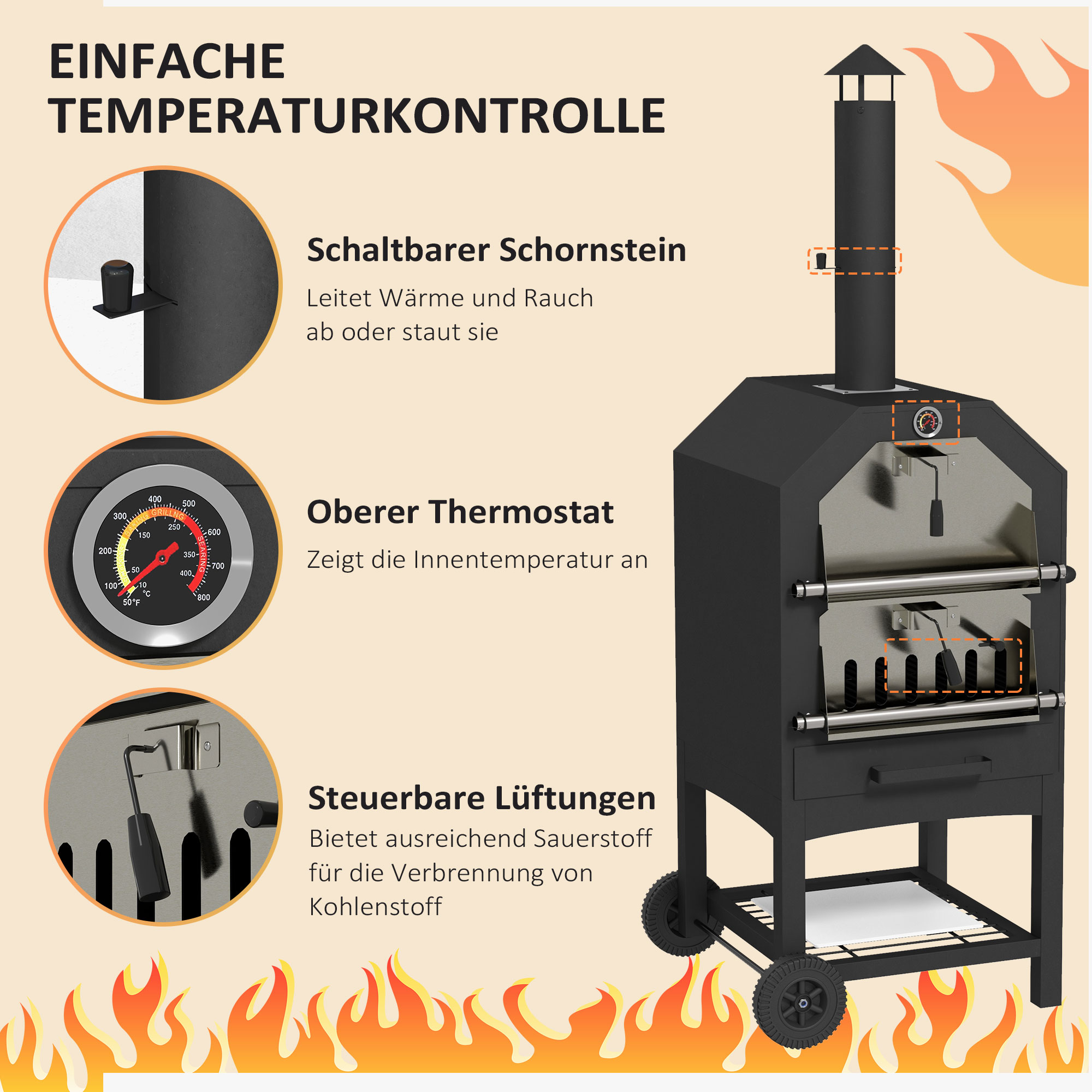 2-in-1 Outdoor Pizzaofen, mit Pizzastein, Aschefach, 2x Grillrost, Thermometer, rostfrei, Schwarz