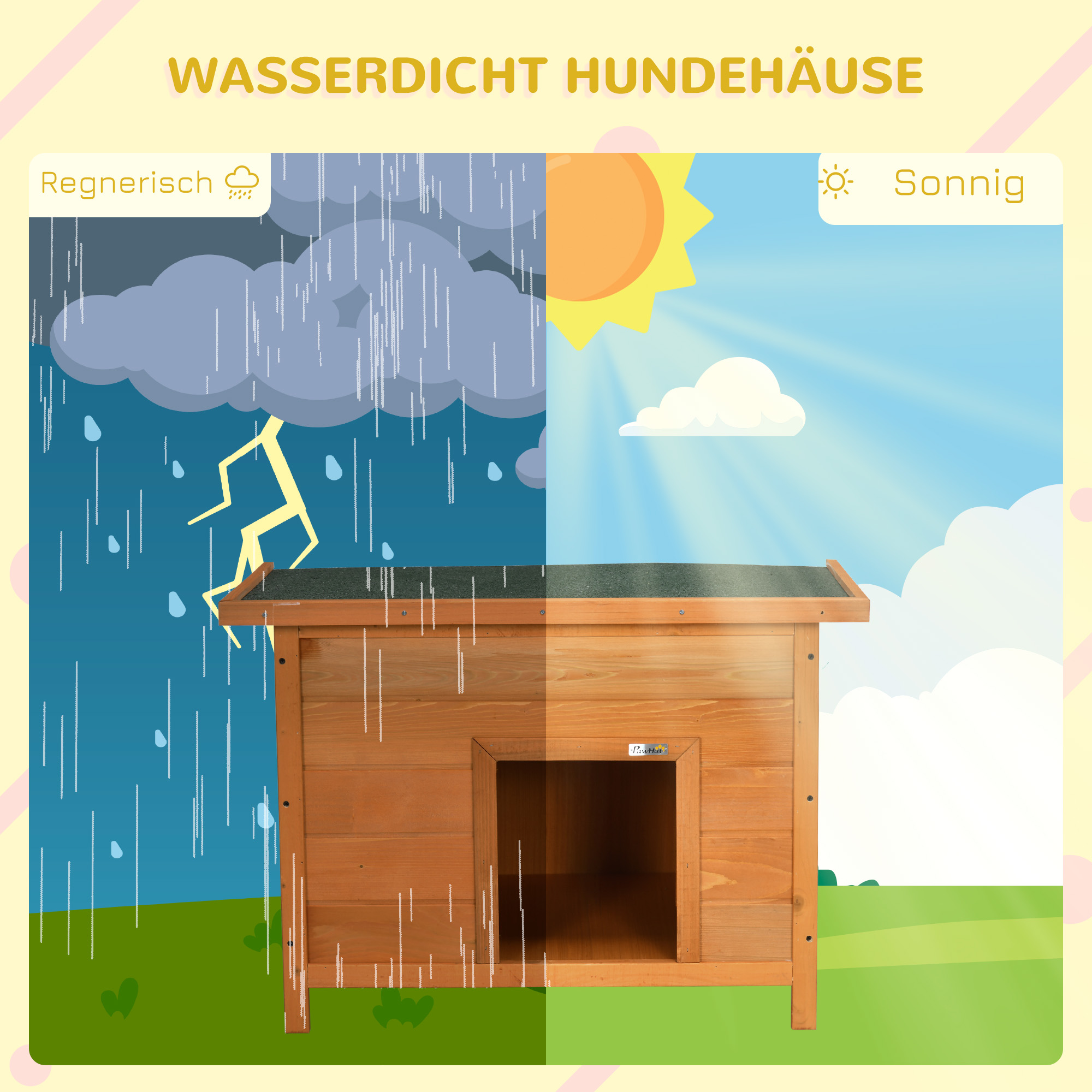 Hundehütte Outdoor, Hundehaus aus Holz mit Aufklappbares Asphaltdach, Wasserdichte Hundehöhle mit Erhöhter Boden Hütte für kleine Hunde, Gelb, 82 x 58 x 58 cm