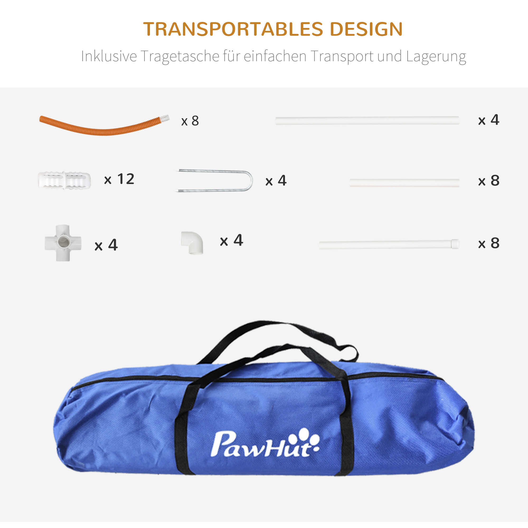 Agility-Set für Hunde, 4-teilig, inkl. Tragetasche, Kunststoff, 89x69x99 cm, Weiß+Orange