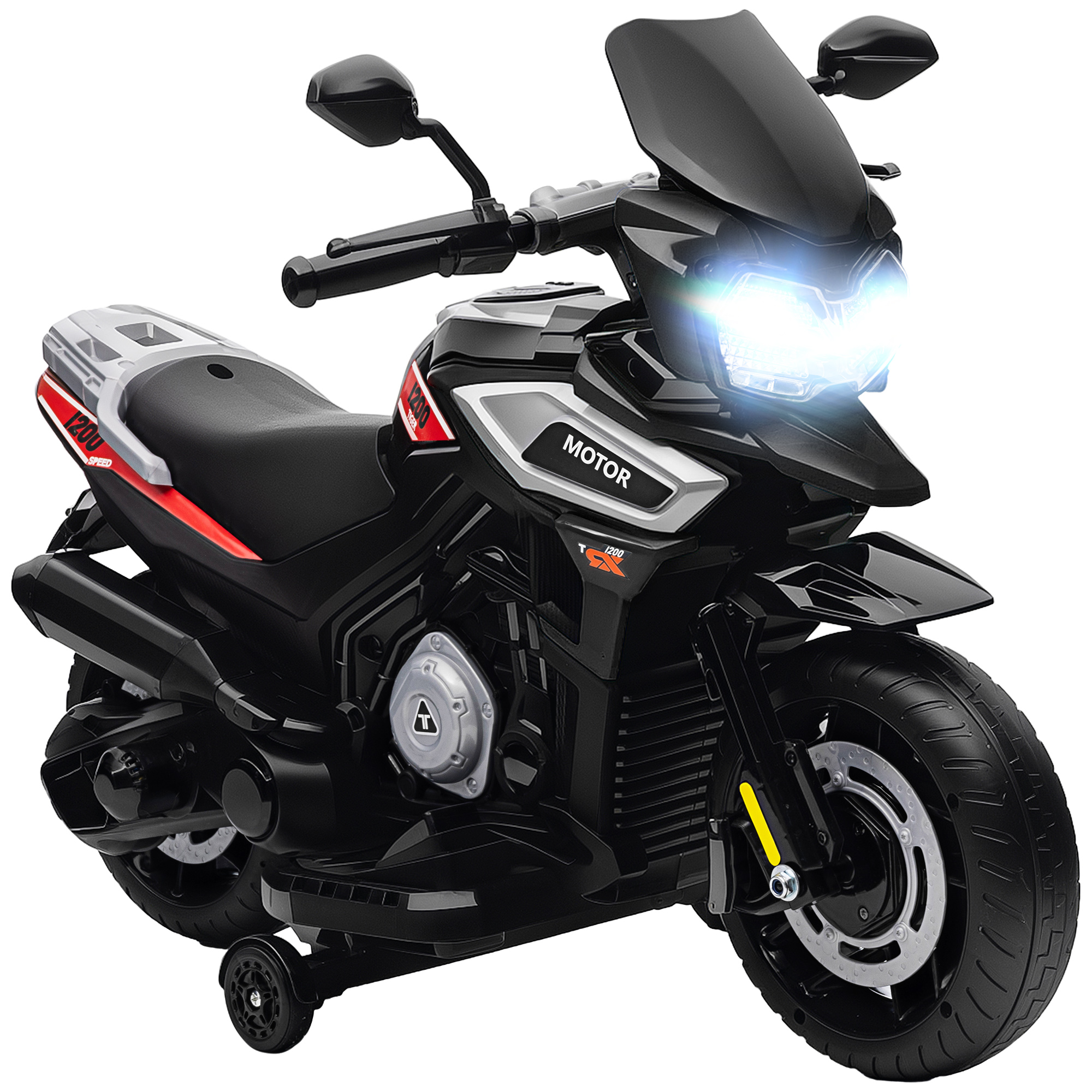 Elektro-Motorrad für Kinder von 18-36 Monaten, Aufsitz-Fahrzeug, Hilfsräder, Lichter, Musik, Kunststoff, Stahl, Schwarz