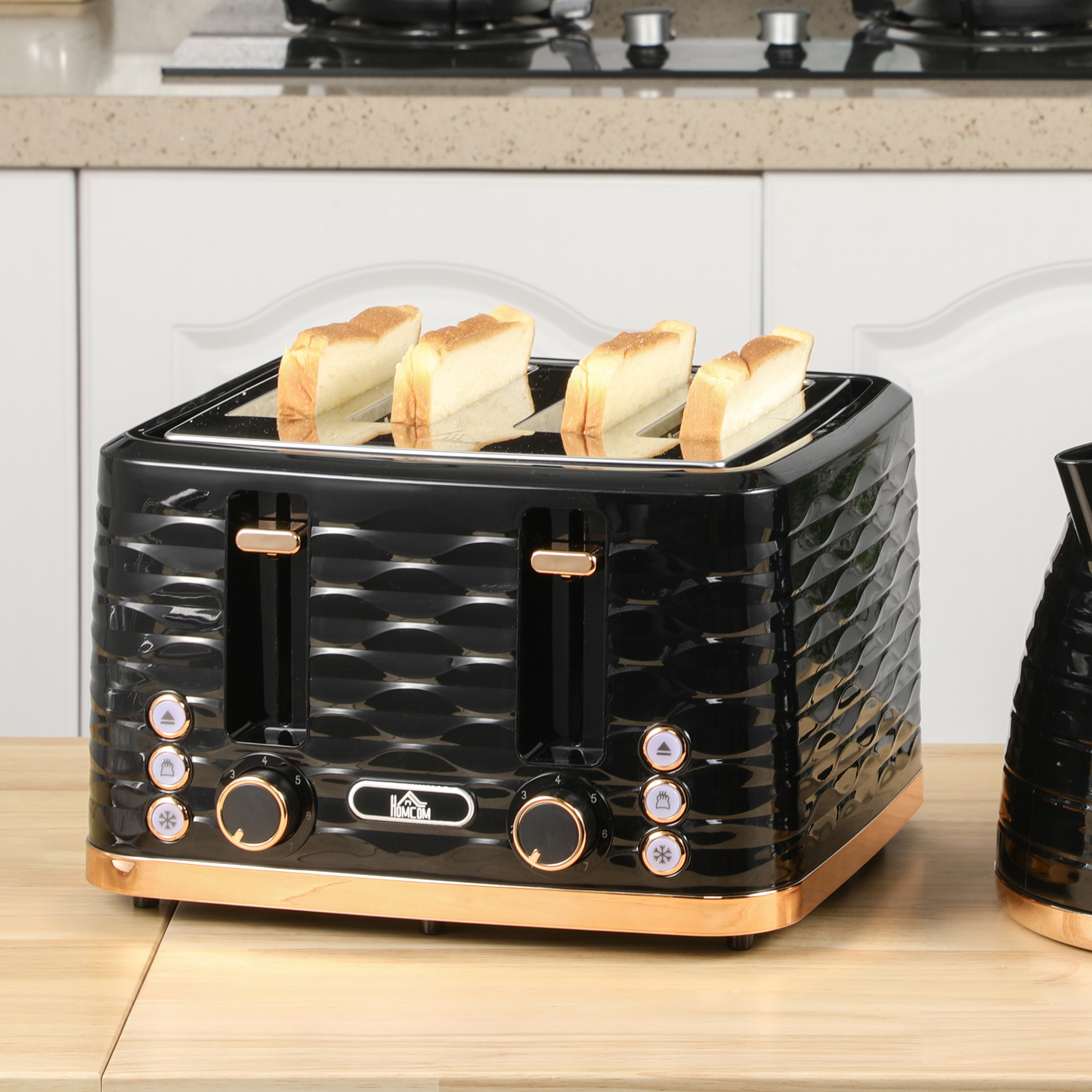 4-Scheiben-Toaster, wellenförmiges Design, mehrere Funktionen, Krümelfach, Schwarz