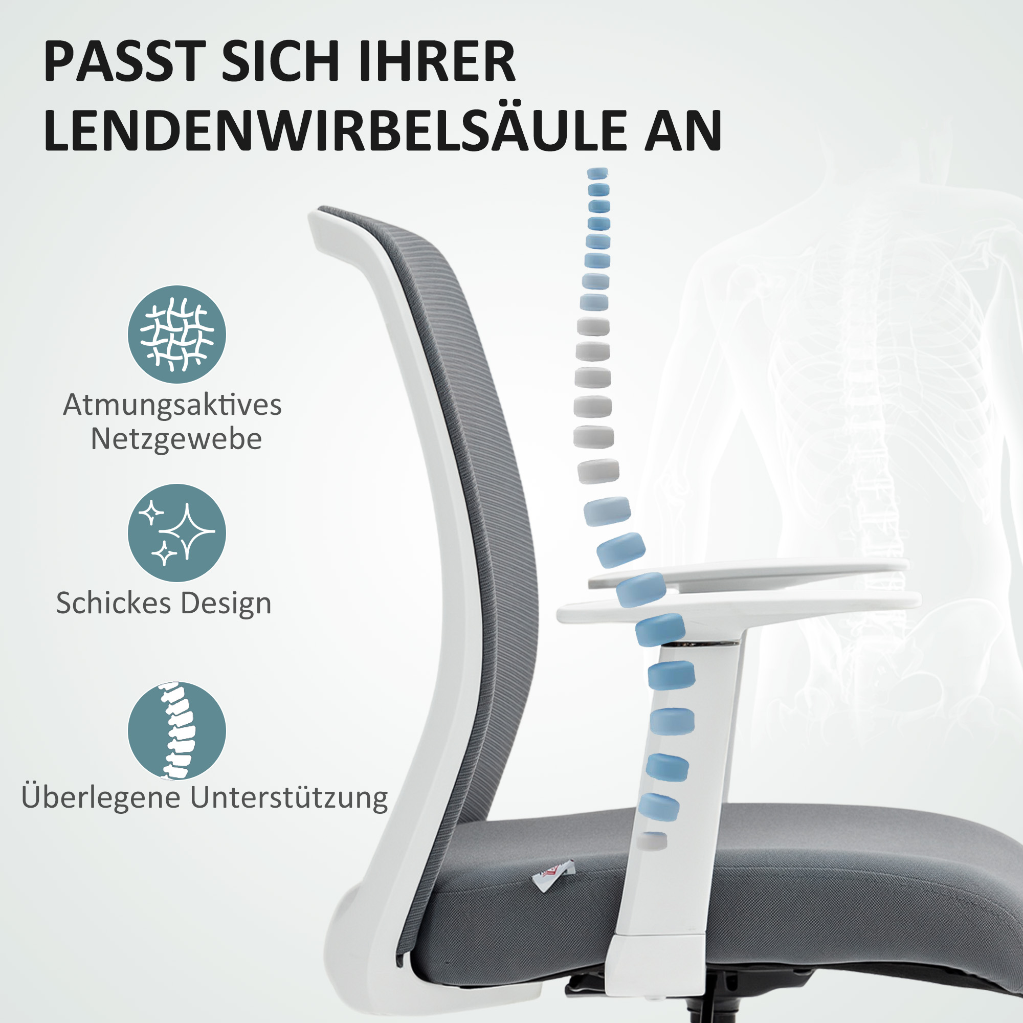 Schreibtischstuhl, drehbar, rollbar, Netzrücken, Schaumstoffkissen, Grau