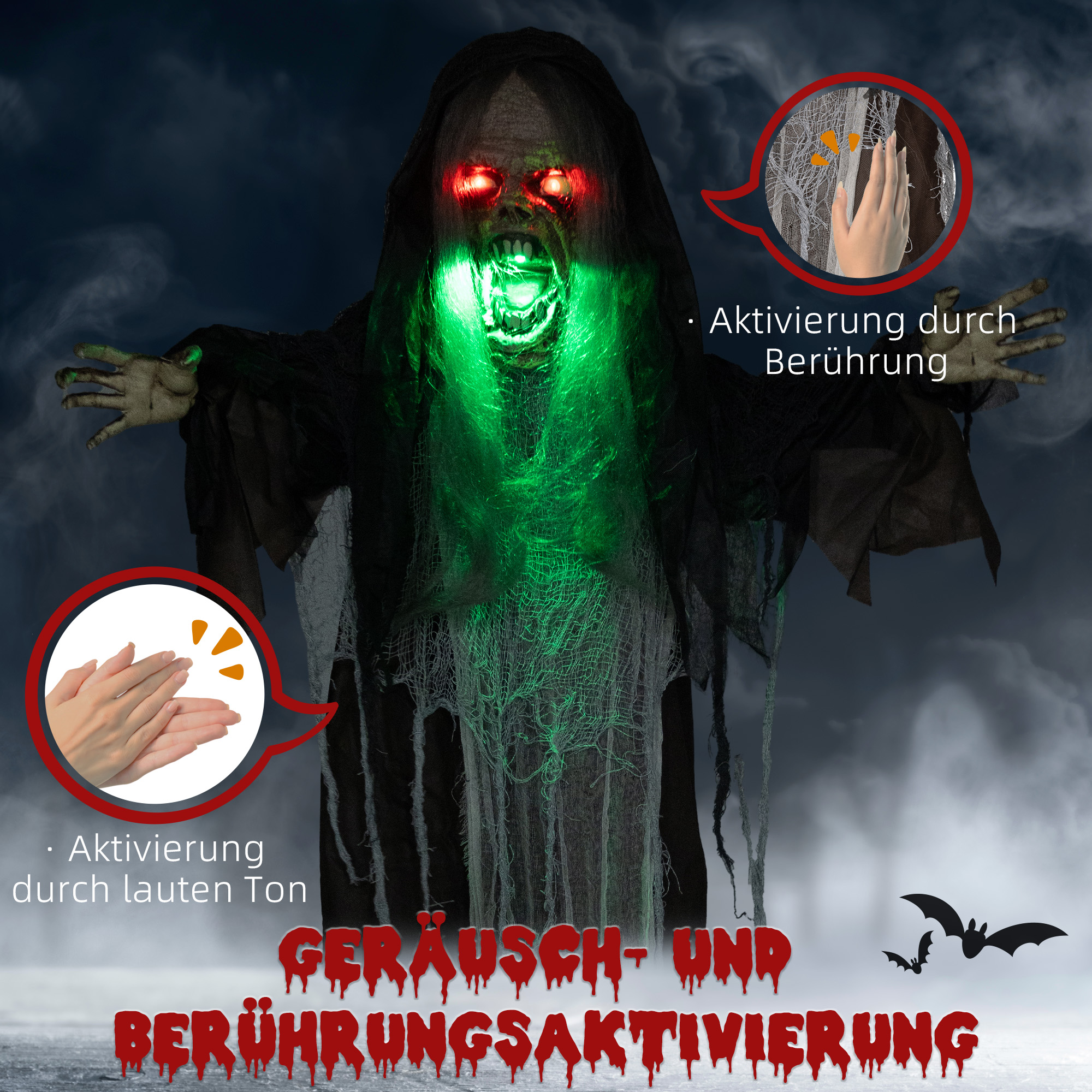 Grünes Monster, Helloweendeko, gruselige Soundeffekte, rote Augen, beweglich, 183 cm