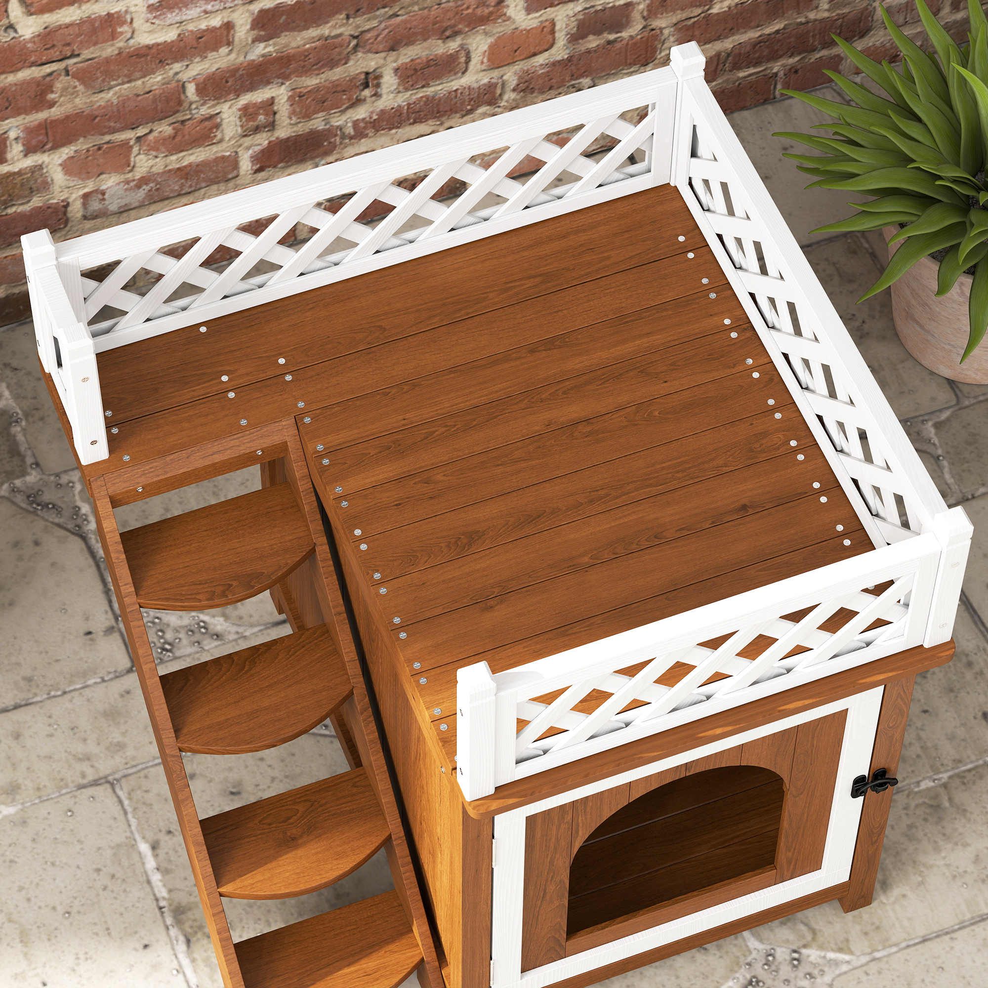 Katzenhaus, zweistöckig, mit Balkon und Treppe, für drinnen und draußen, für Katzen und Kaninchen, Tannenholz, Braun