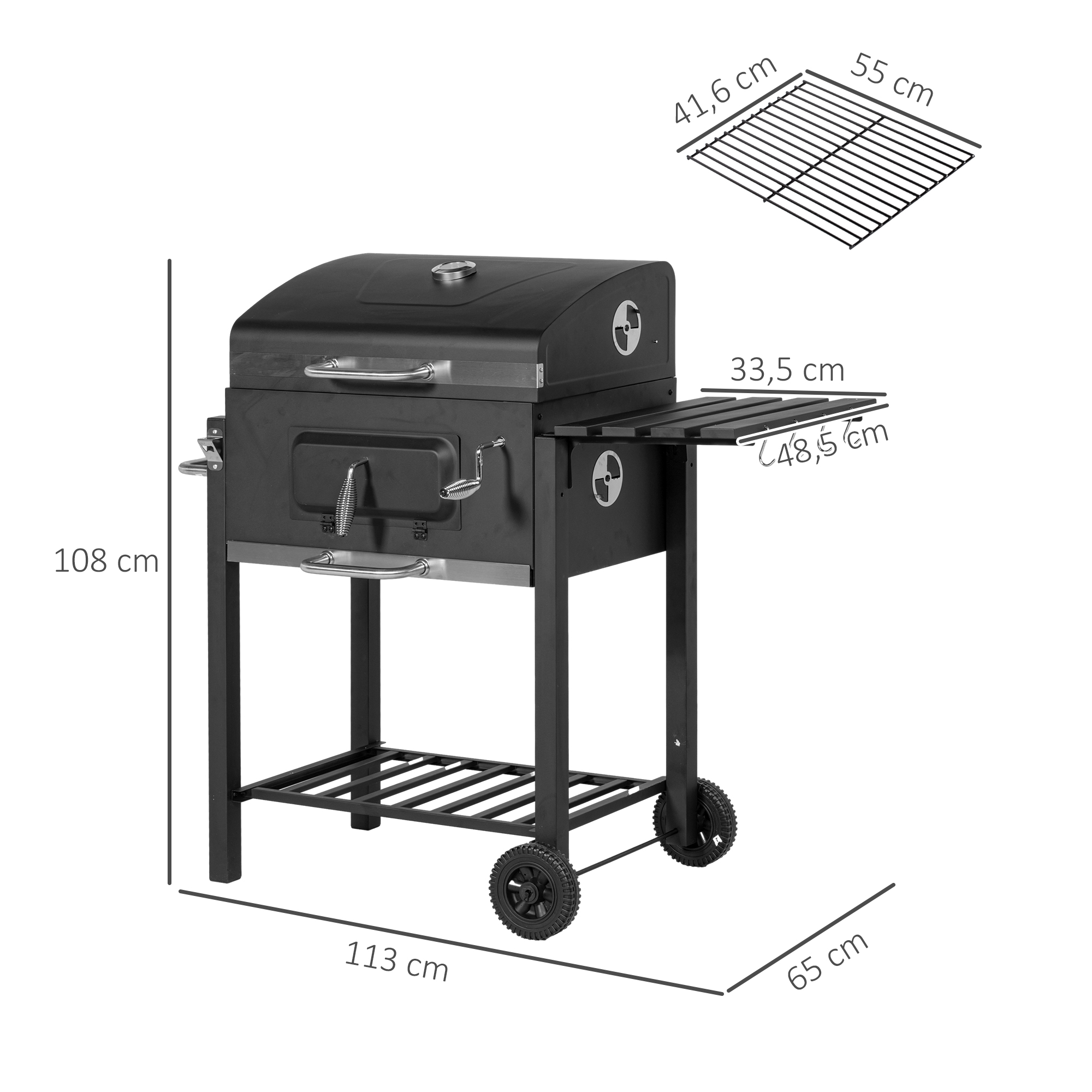 Holzkohlegrill Smoker BBQ-Smoker, 1 Ablage, 1 Handtuchhalter, 2 Grillroste, 113 cm x 65 cm x 108 cm, Schwarz