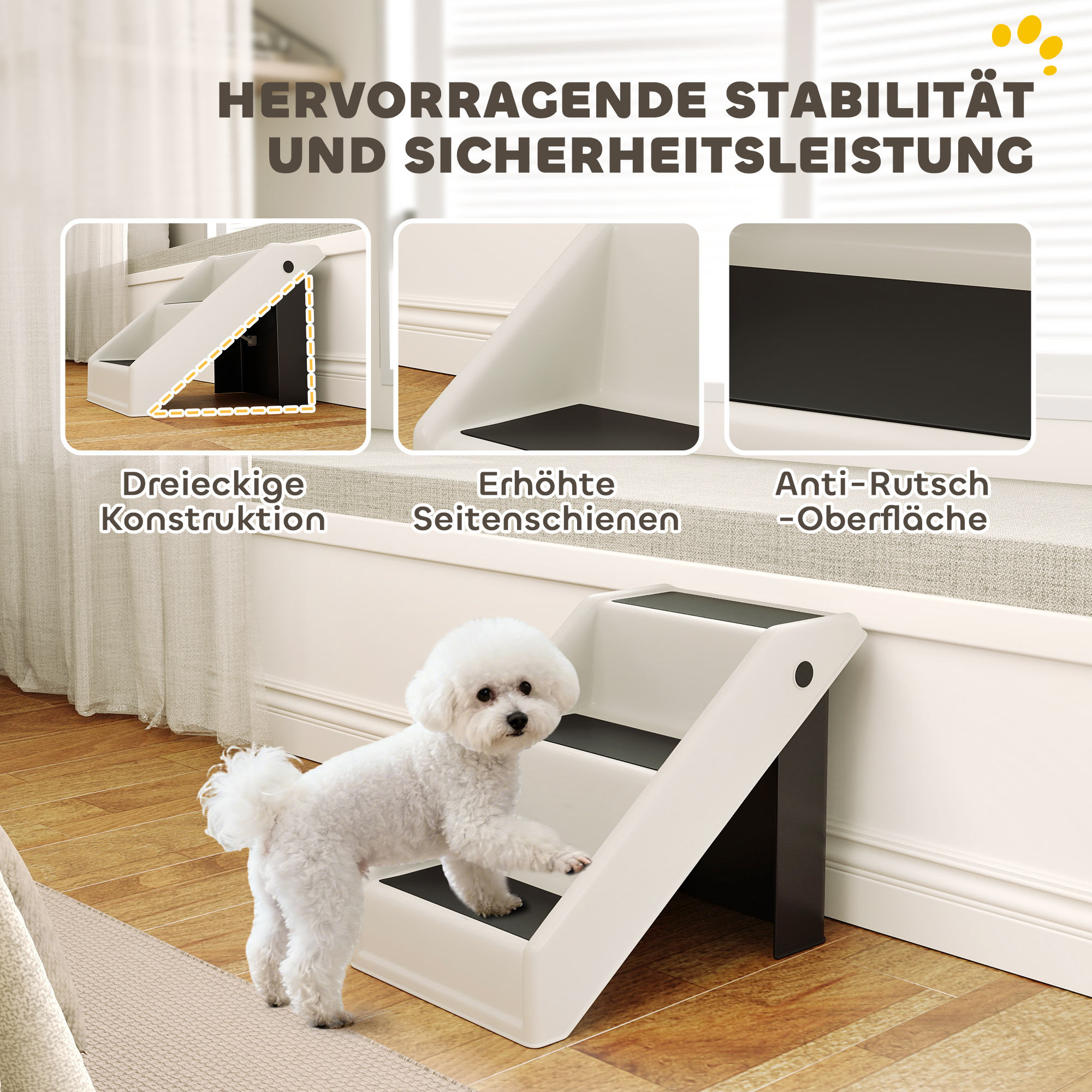 Hundetreppe 3 Stufen 36,5 cm Hoch Haustiertreppe für Kleine Hunde klappbar für Bett, Sofa, Couch Auto Cremeweiß