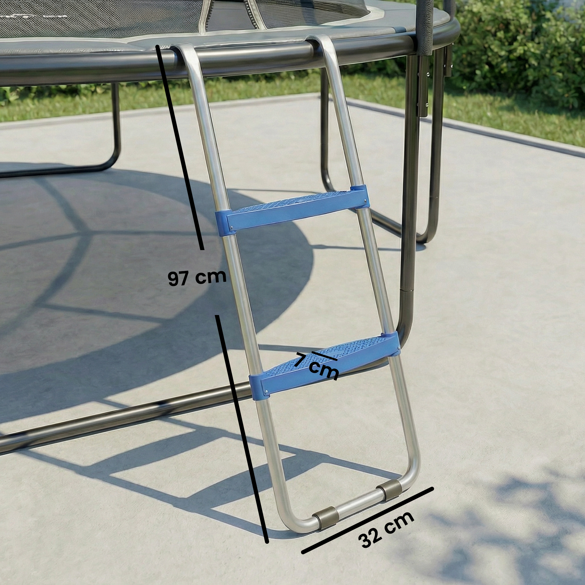 Trampolinleiter 32/63 cm 2 Stufen Einstiegsleiter Trampolin-Leiter bis 150 kg mit verzinktem Stahlrahmen Blau