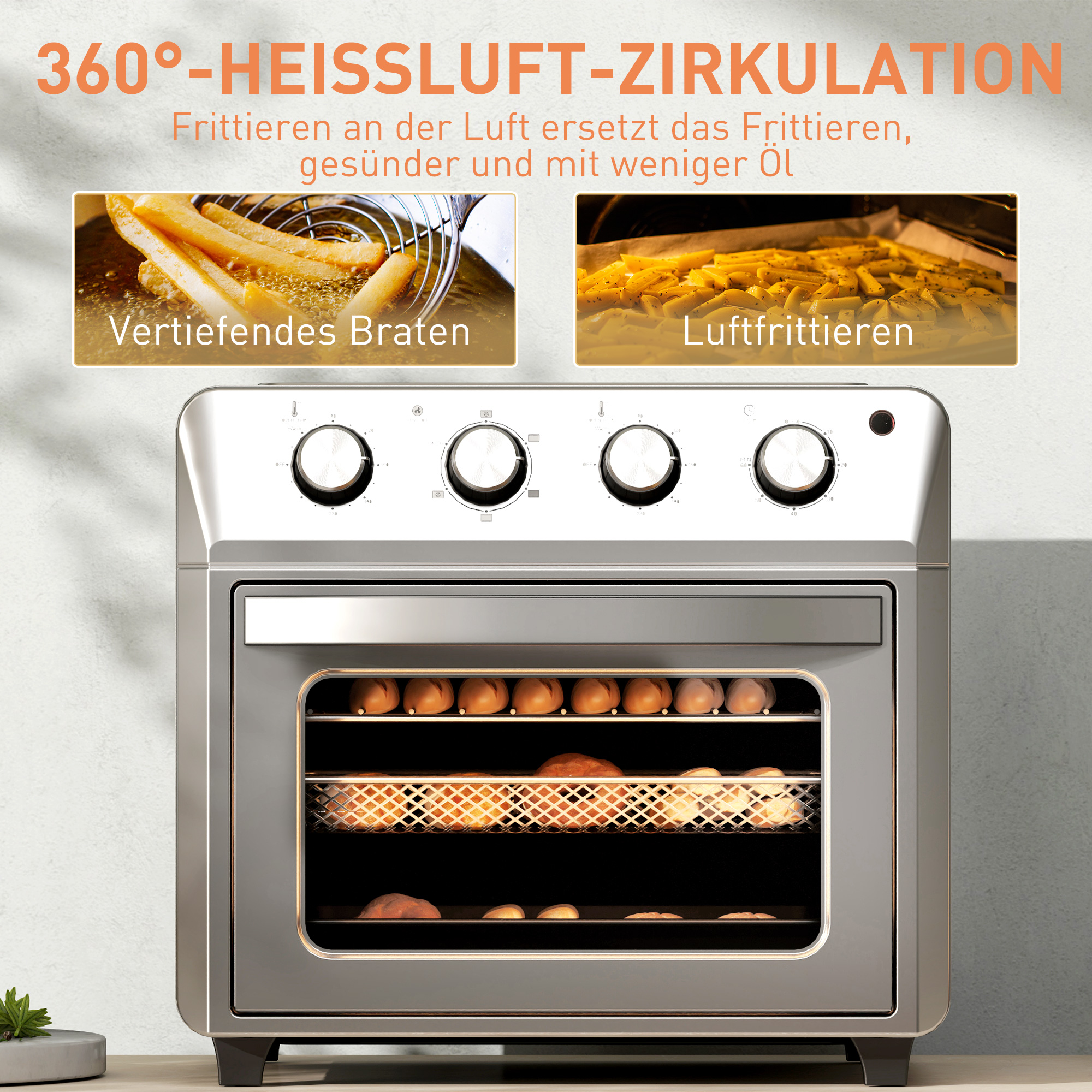 Minibackofen mit Umluft, Heißluftfritteuse, 6 Heizmodi, Timer, Zubehör, 24L, Silber