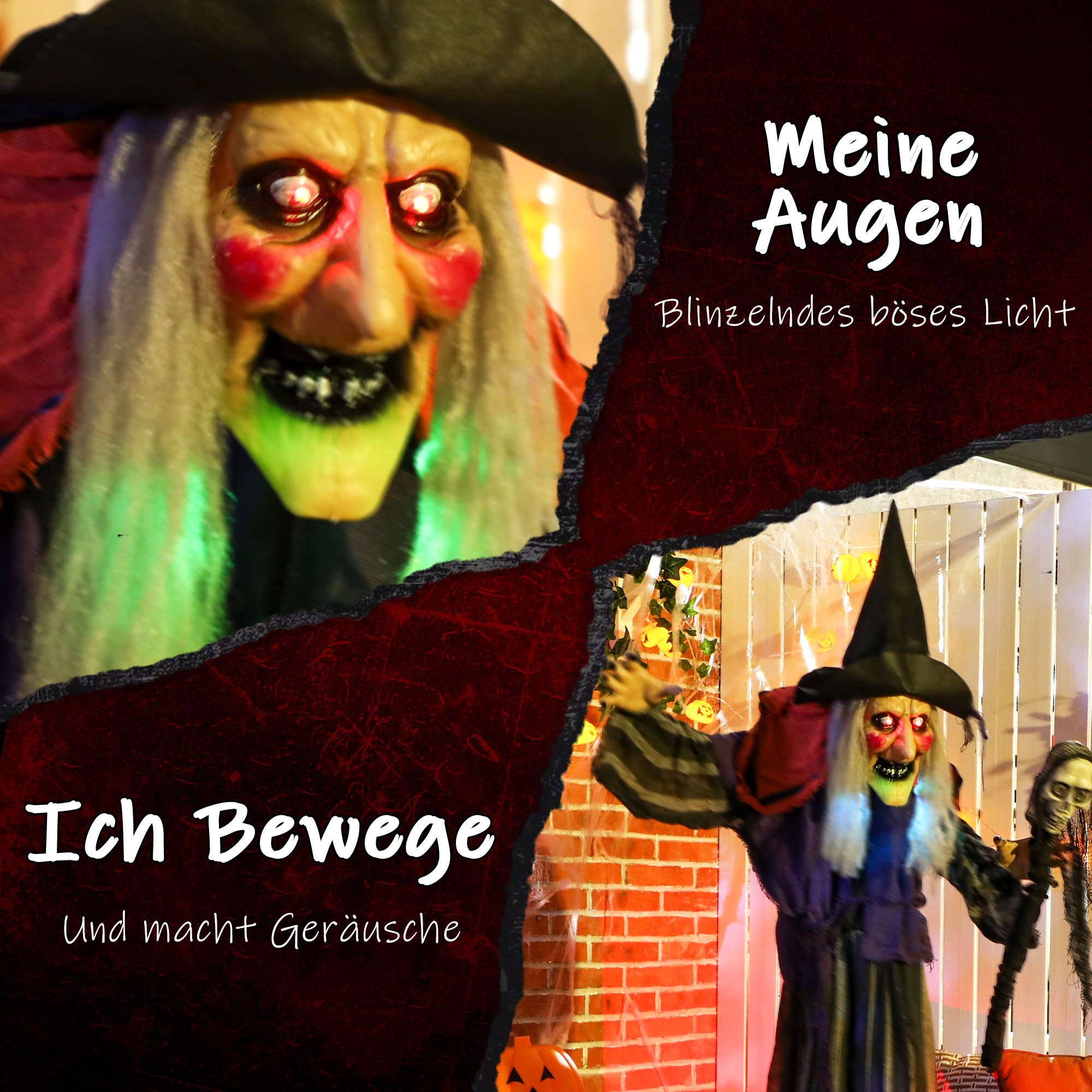 160 cm Halloween Dekoration Halloween Hexe mit LED-Lichter, Soundfunktion verstellbare Arme, Körper