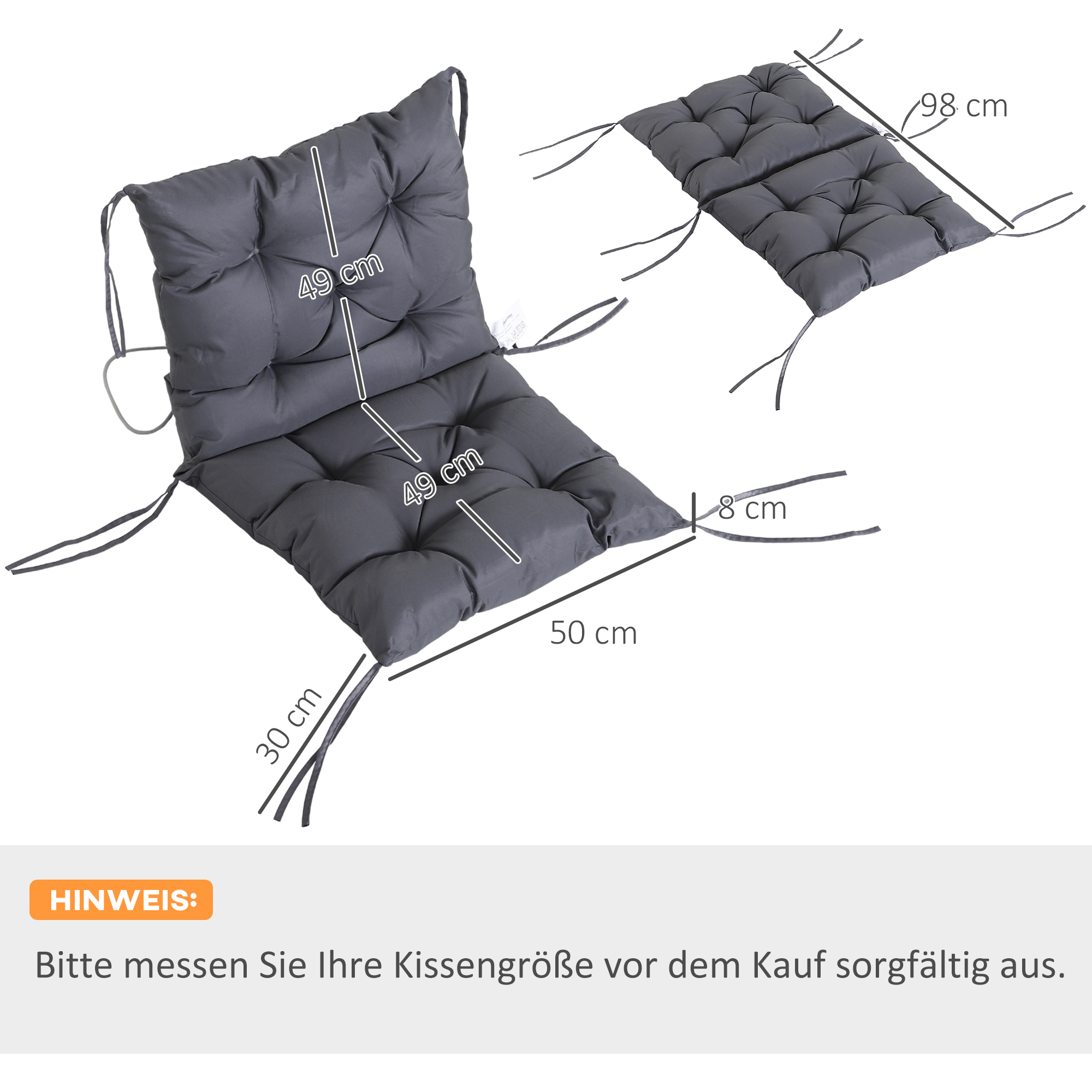 2er-Set Sitzkissen, 98cm x 50cm x 8cm Stuhlkissen mit Bänder, Polsterauflage, waschbar/Ergonomische Sitzpolster für Haus, Garten, Sofa, Grau