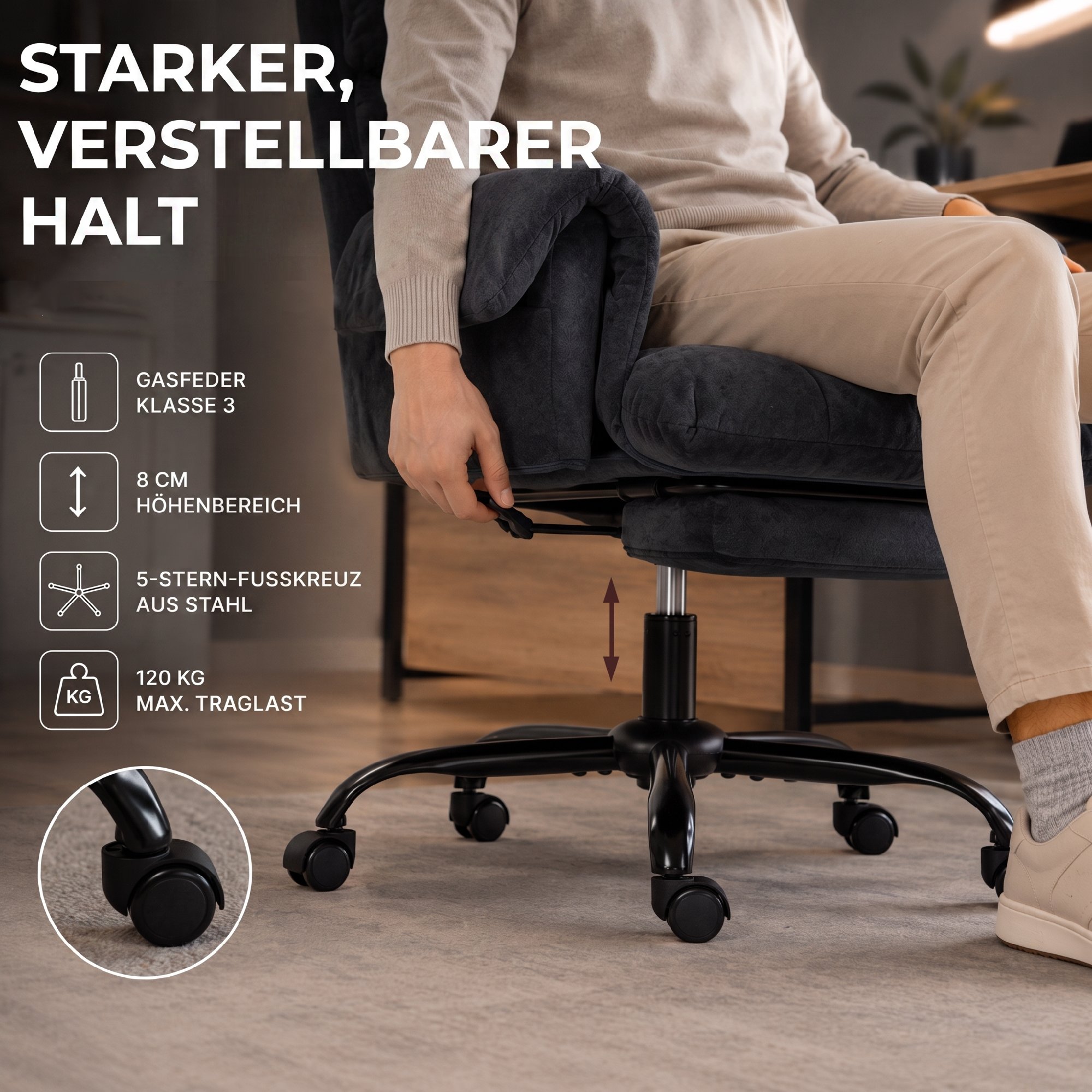 Bürostuhl mit verstellbarer Rückenlehne, rollbarer Polsterstuhl, Polstersessel, höhenverstellbar, Stahl, Dunkelgrau