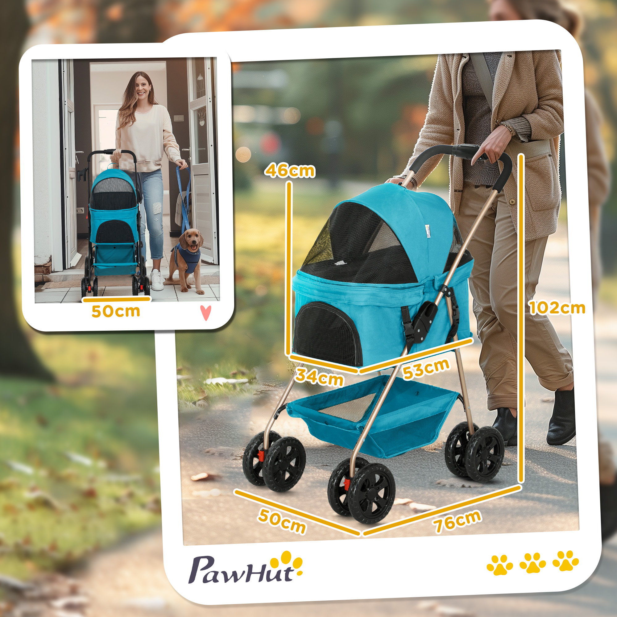 3-in-1-Haustierkinderwagen, zusammenklappbarer Hundewagen mit 4 Rädern und abnehmbarer Trage für Hunde und Katzen Türkis