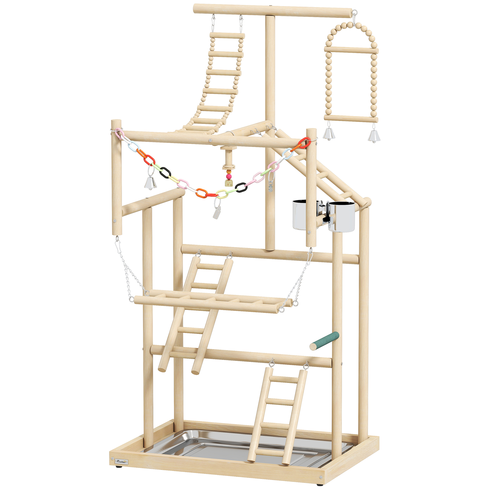 Vogelständer, Vogelstangen-Set, 4 Ebenen, Edelstahltablett, Spielzeug, Naturholz