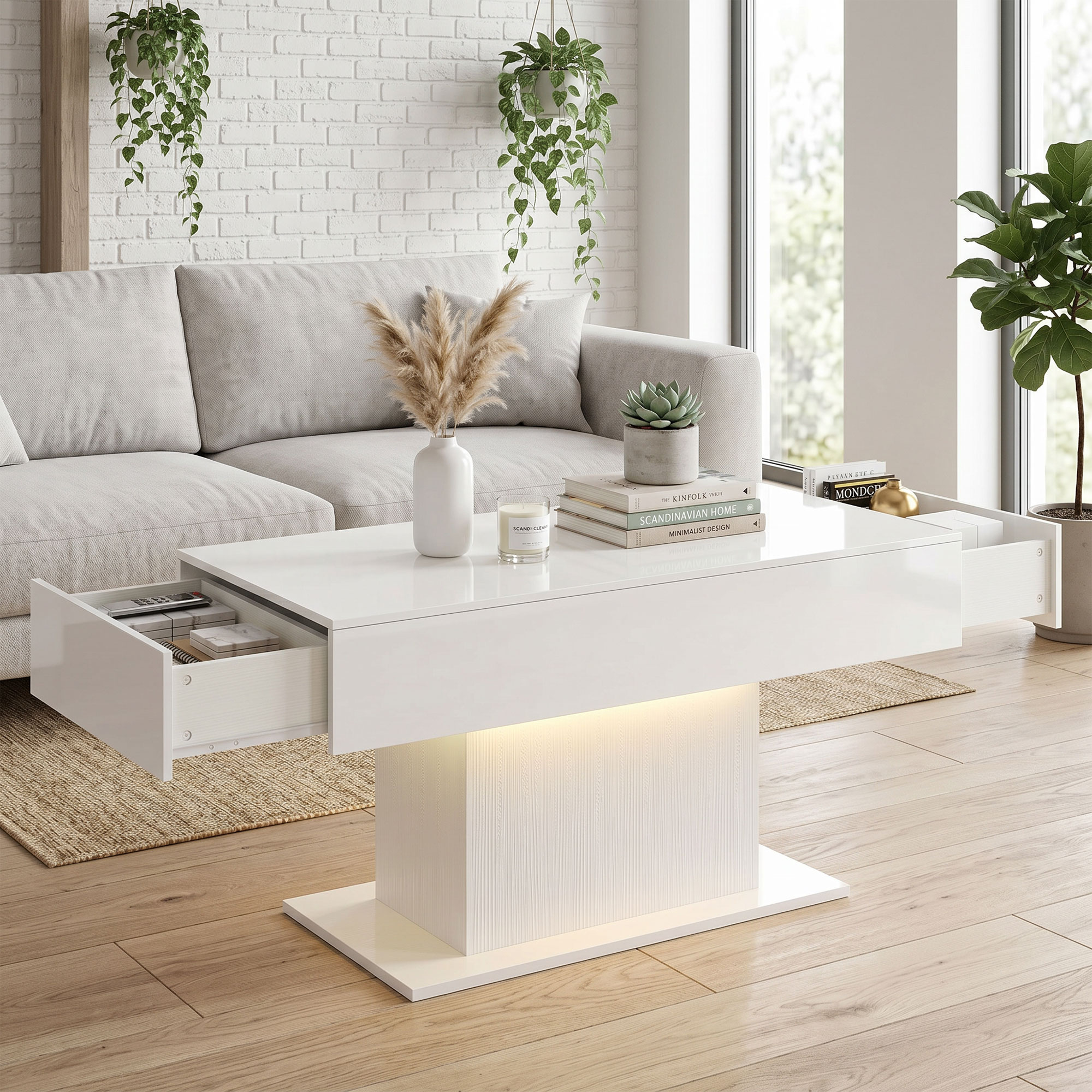 LED Couchtisch mit Stauraum, Hochglanz, Modern, 2 Schubladen & Fernbedienung, Weiß