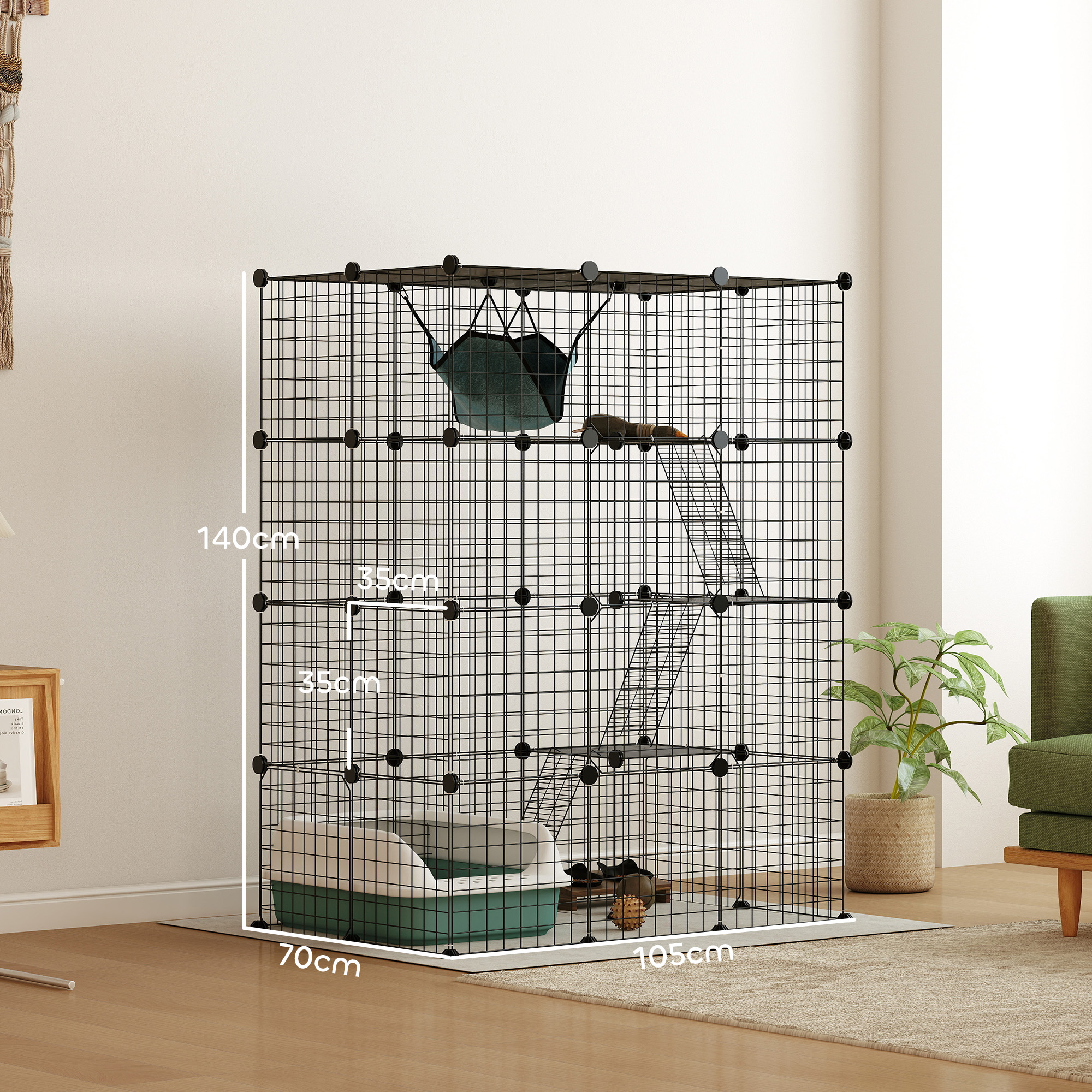 Indoor Katzenkäfig 140 cm, 4-stöckige Stahl-Katzengehege mit 5 Türen, Leitern, Hängematte und Plattform, DIY Schwarz