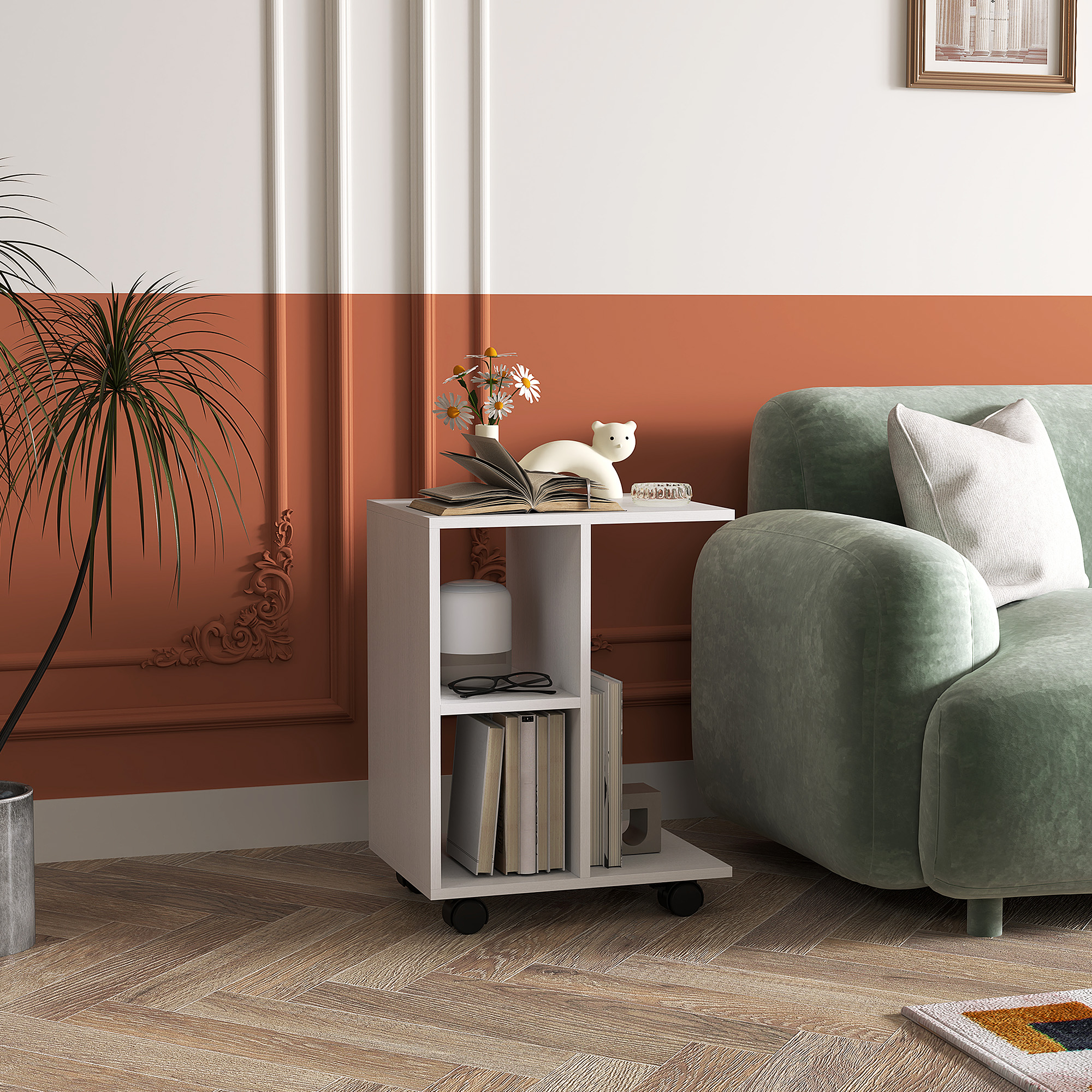 Beistelltisch in C-Form, Kaffeetisch, Couchtisch, Eckschreibtisch, mit Rollen, E1-Spanplatte, 45 x 35 x 58 cm, Weiß