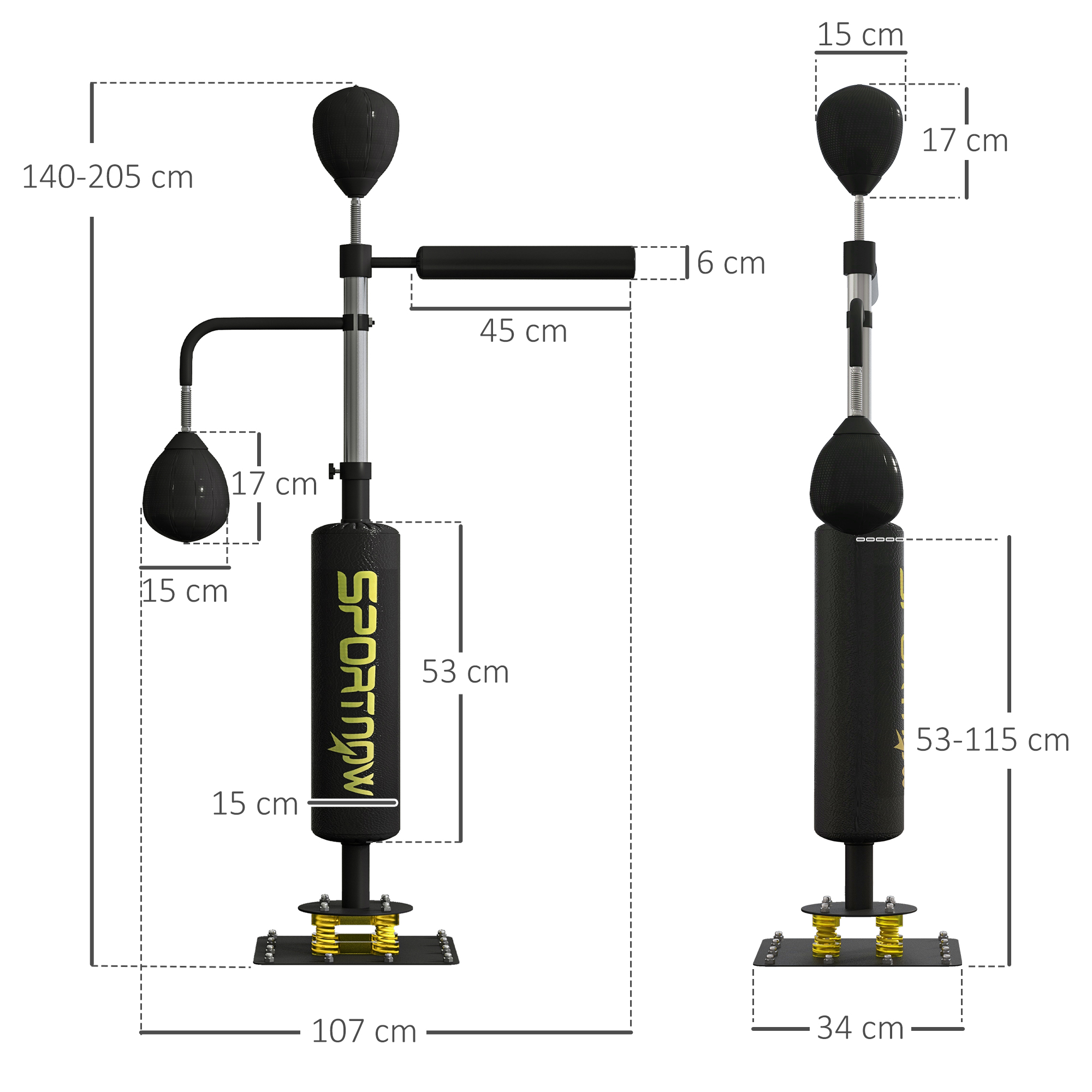 Boxstand, zwei Speedballs, drehbare Boxstange, Kickpolster, höhenverstellbar, Stahl, 107 x 36 x 140-205 cm, Schwarz