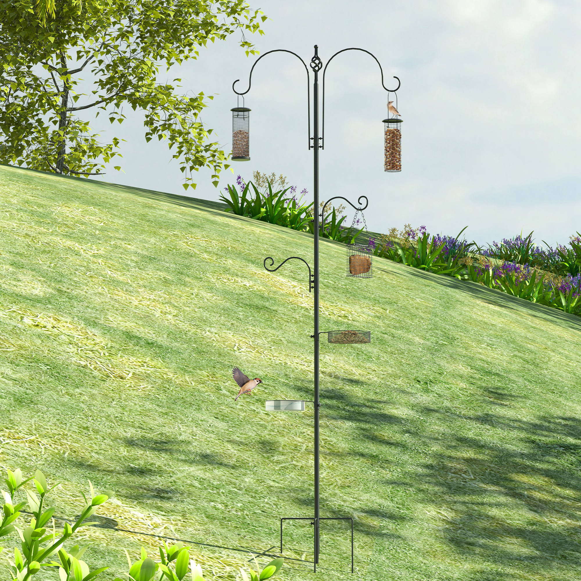 Vogel Futterstation 208 cm Vogelfutterstation mit 4 Haken, Erdspieß, Wasser- & Futterschale, Futtersäule Freistehend Vogelfutterspender für Garten Wildvögel Stahl Schwarz