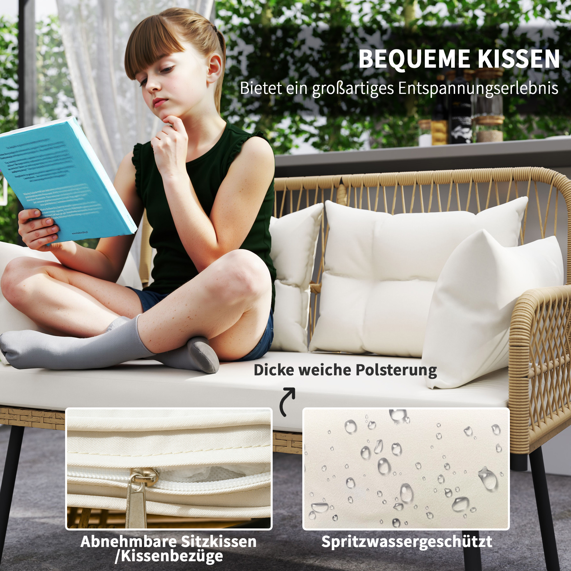 Gartensofa mit Kissen 2-Sitzer Sofa Outdoor Balkon Sofa Rattansofa Polyrattan 115 x 61 x 82 cm Naturholz