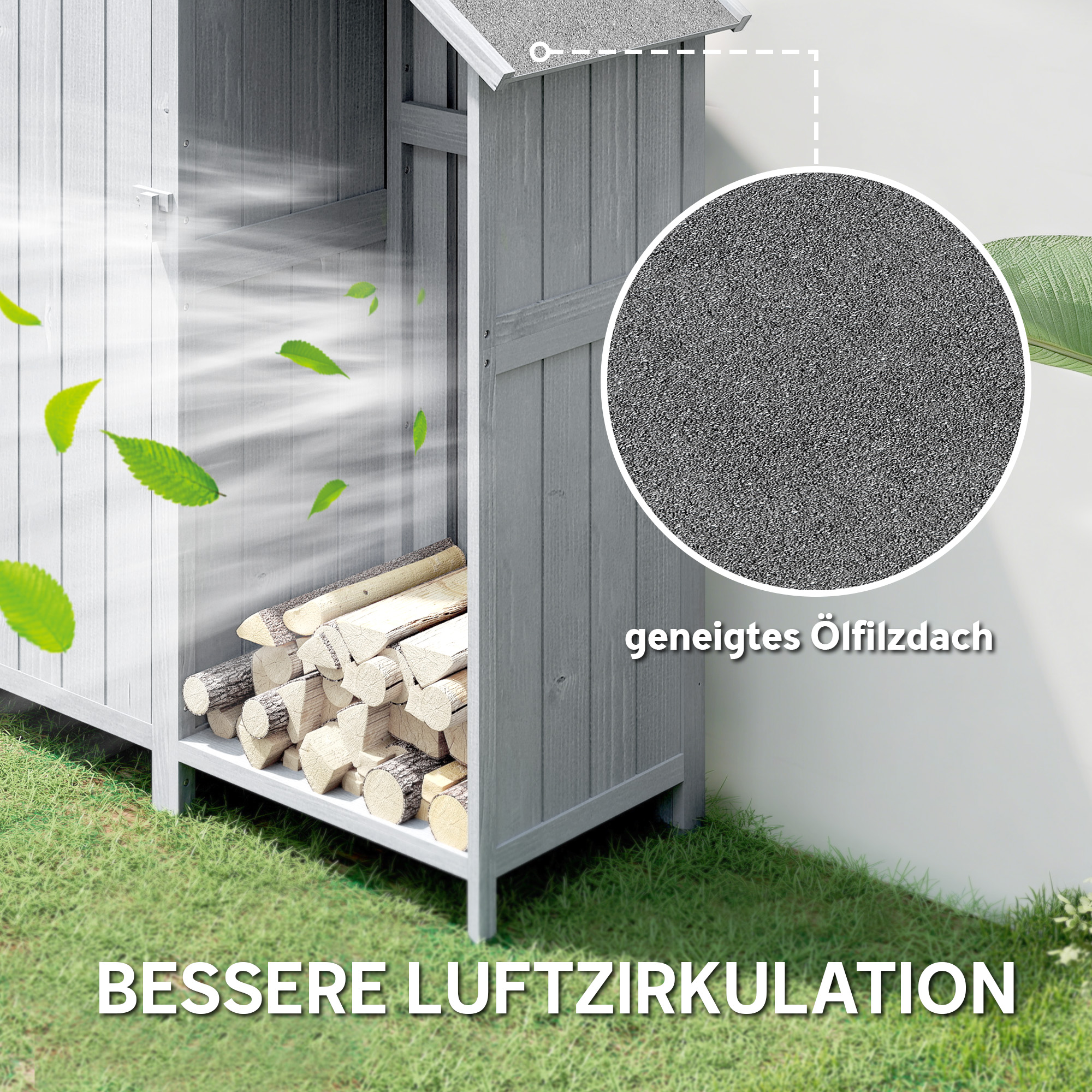 Gartenschrank Holz Outdoor wetterfest Geräteschuppen mit Asphaltdach Einlegeboden 129 x 51,5 x 180 cm Grau