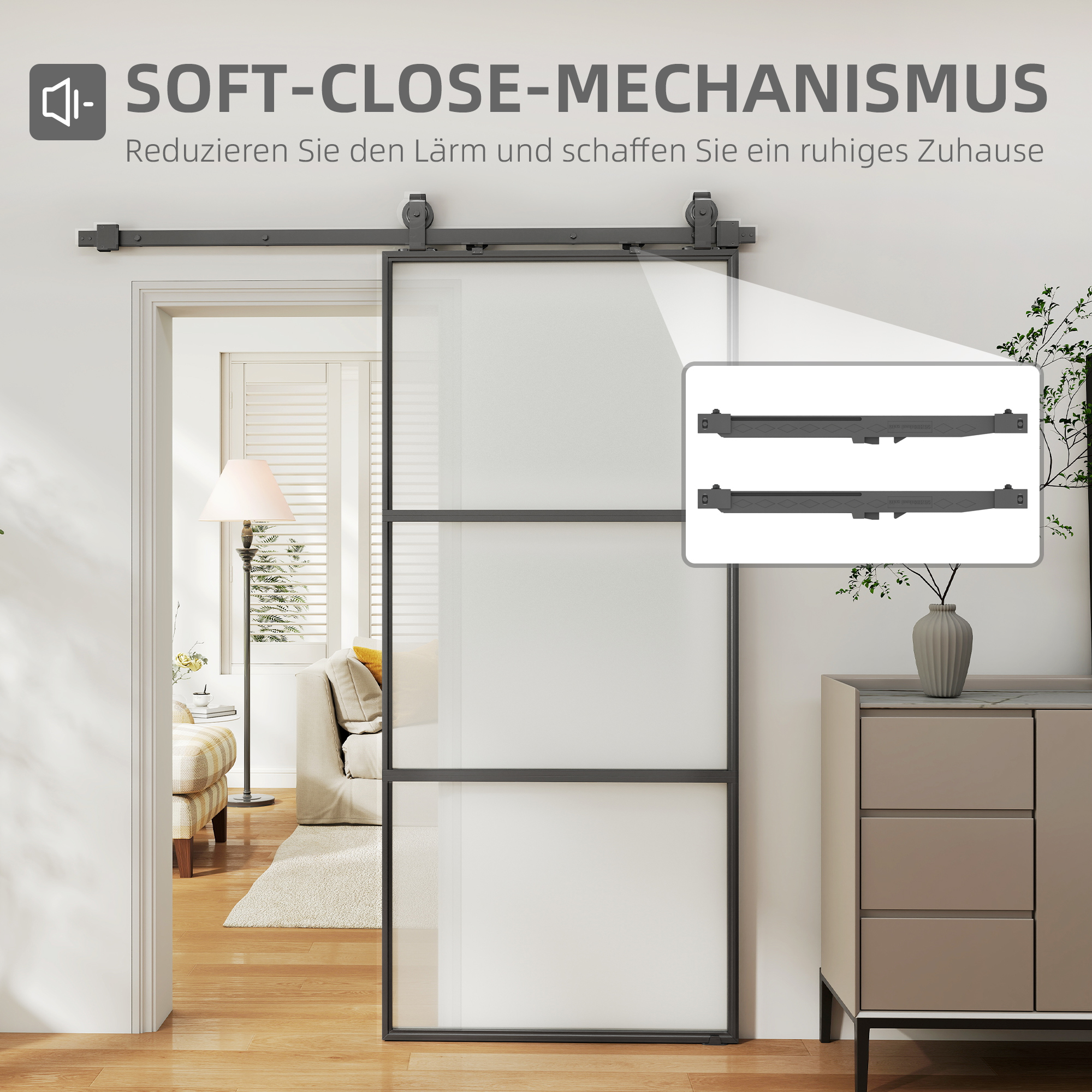 Schiebetür mit Milchglas, Schienensystem, Montagesatz, Soft-Close-Mechanismus, leichter Zusammenbau, Stahl, Schwarz