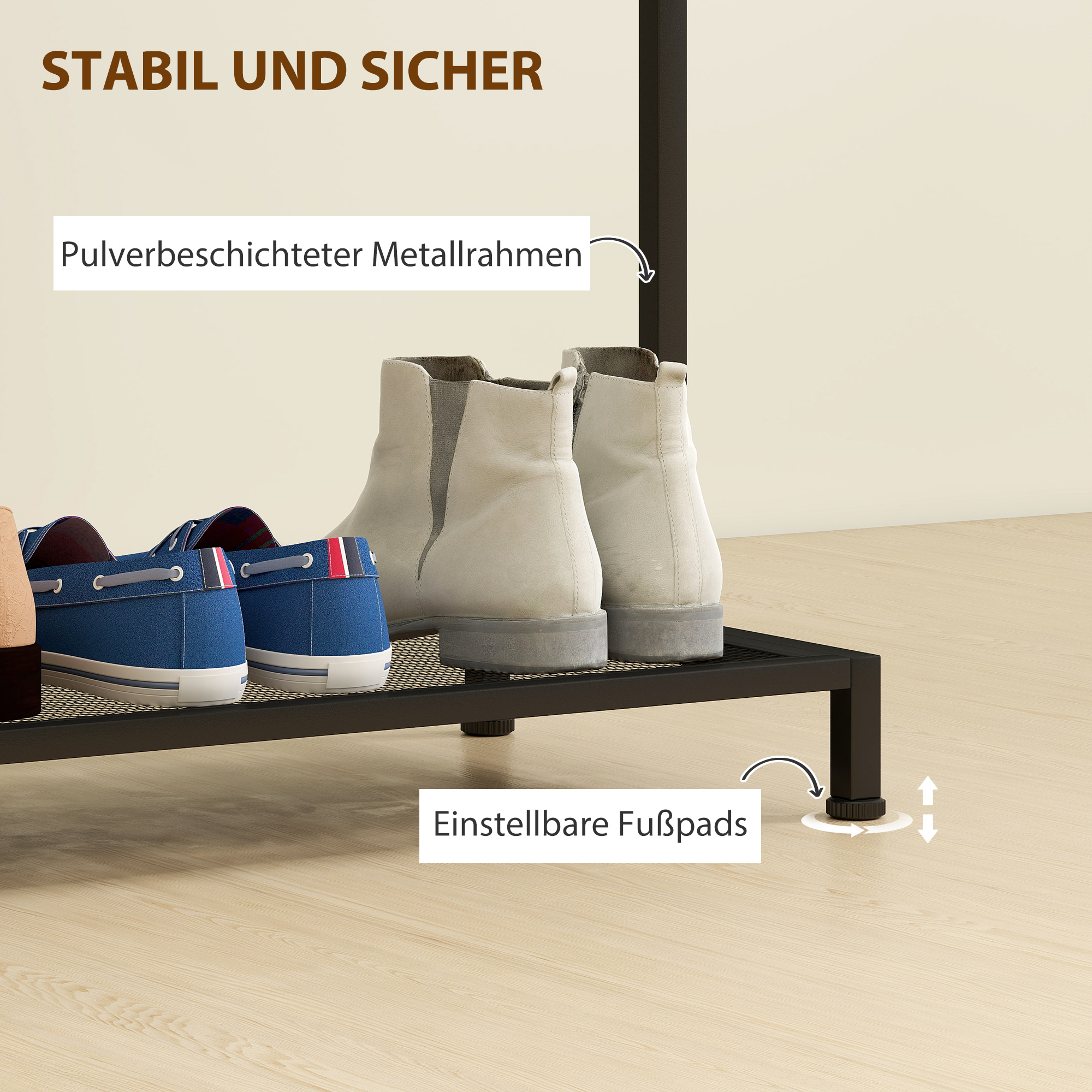 Garderobenständer, Kleiderständer mit Kleiderstange, Schuhregal Ablage Kippschutz Eiche