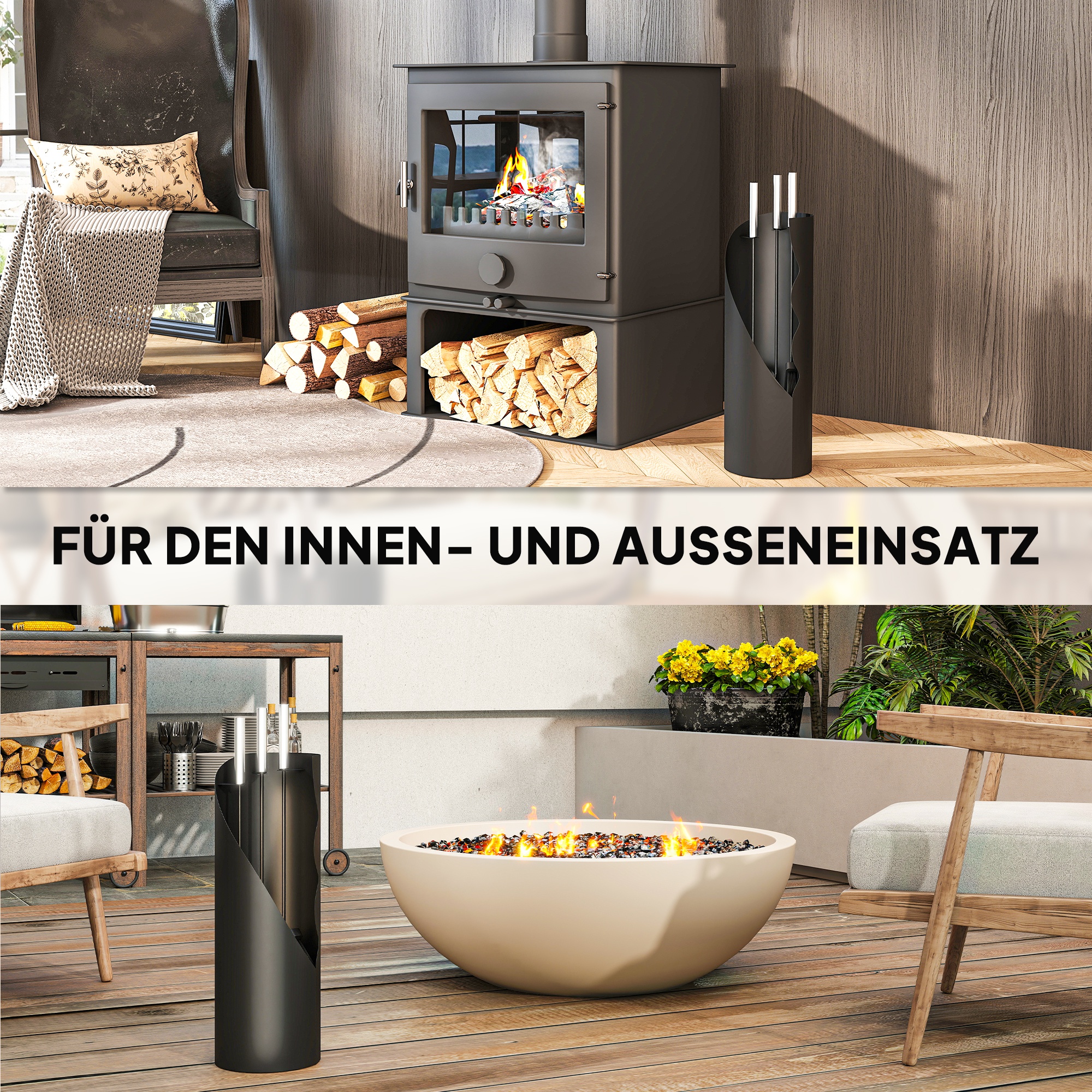 Kaminbesteck Set 4-teilig Kaminzubehör mit Besen, Schaufel, Schürhaken und Korb, Kamingarnitur, Metall, Schwarz